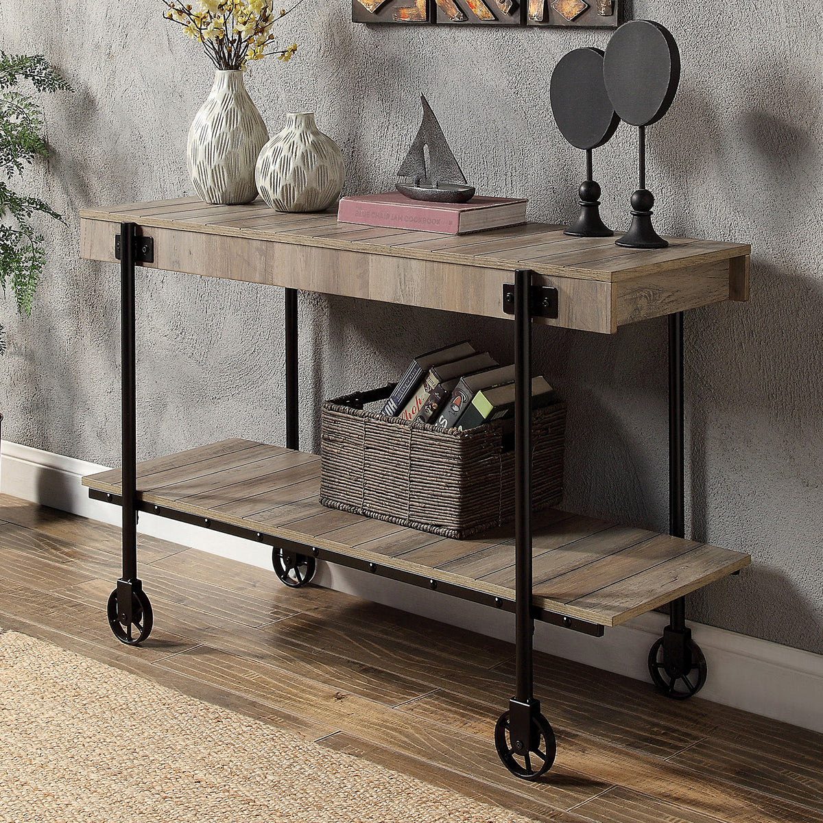 Table Natural Tone Slat Design Console Open Bottom Shelf - Black+Natural