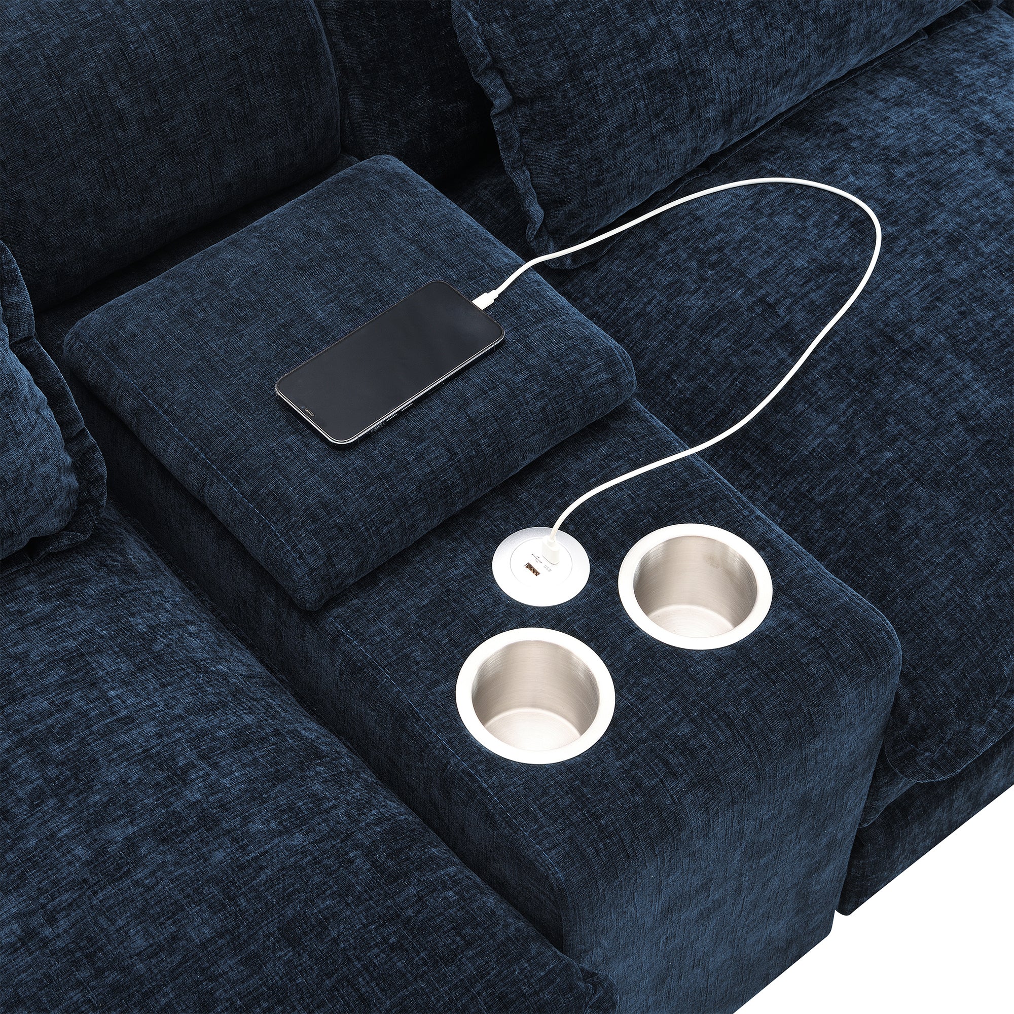 Modern Blue U-shaped Sofa with Cupholders and USB Ports, 6-seat Upholstered Symmetrical Indoor Furniture