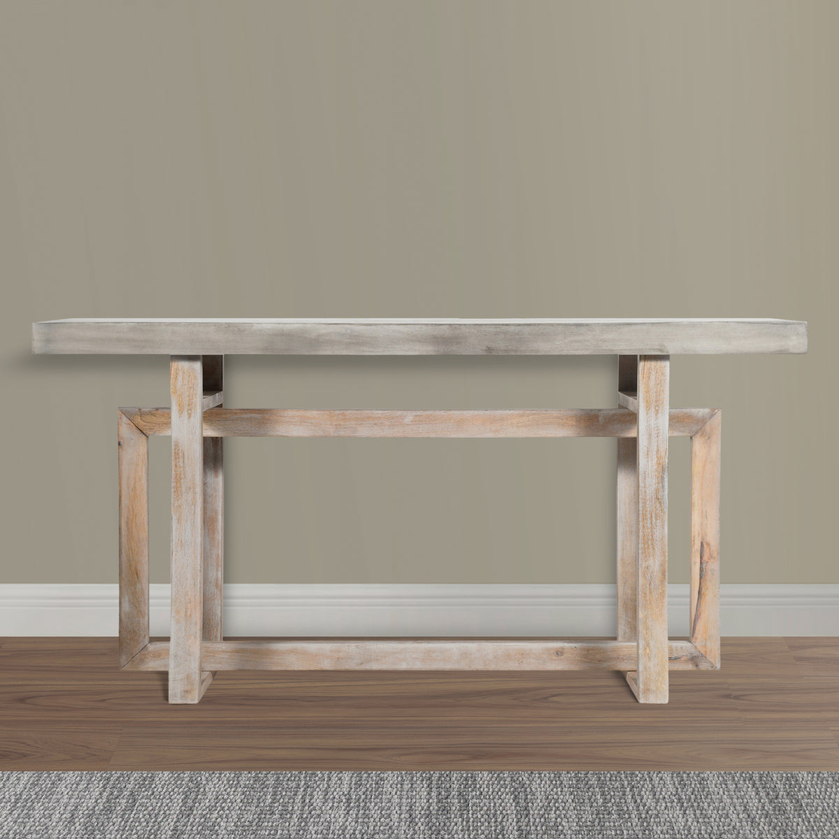 59 Inch Artisan Sideboard Console Table with Geometric Interlocked Base, Distressed Matte Gray