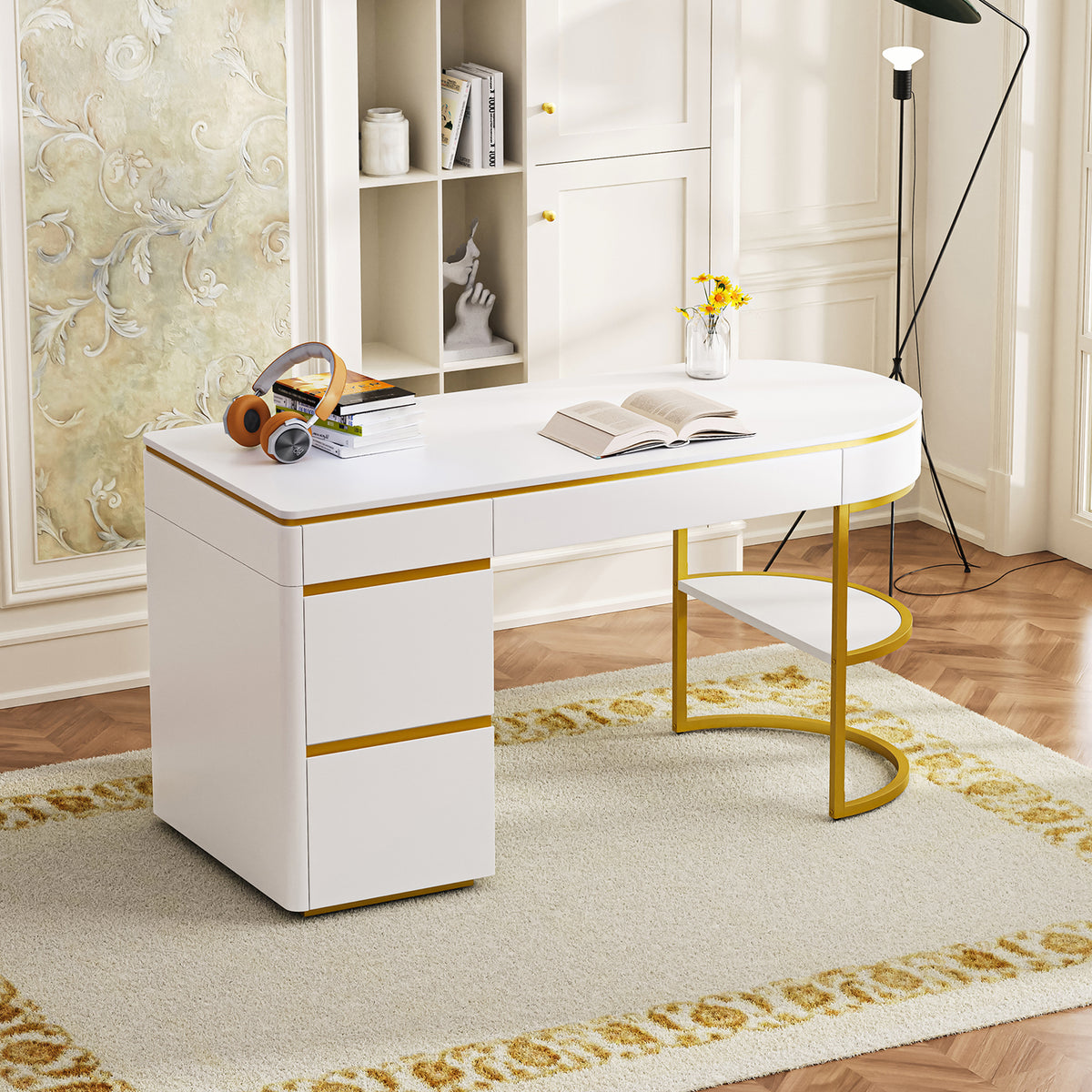 60''Modern Executive Desk,White Curved Computer Desk with Gold Metal Legs,3-Drawers Home Office Desk - Gold+White