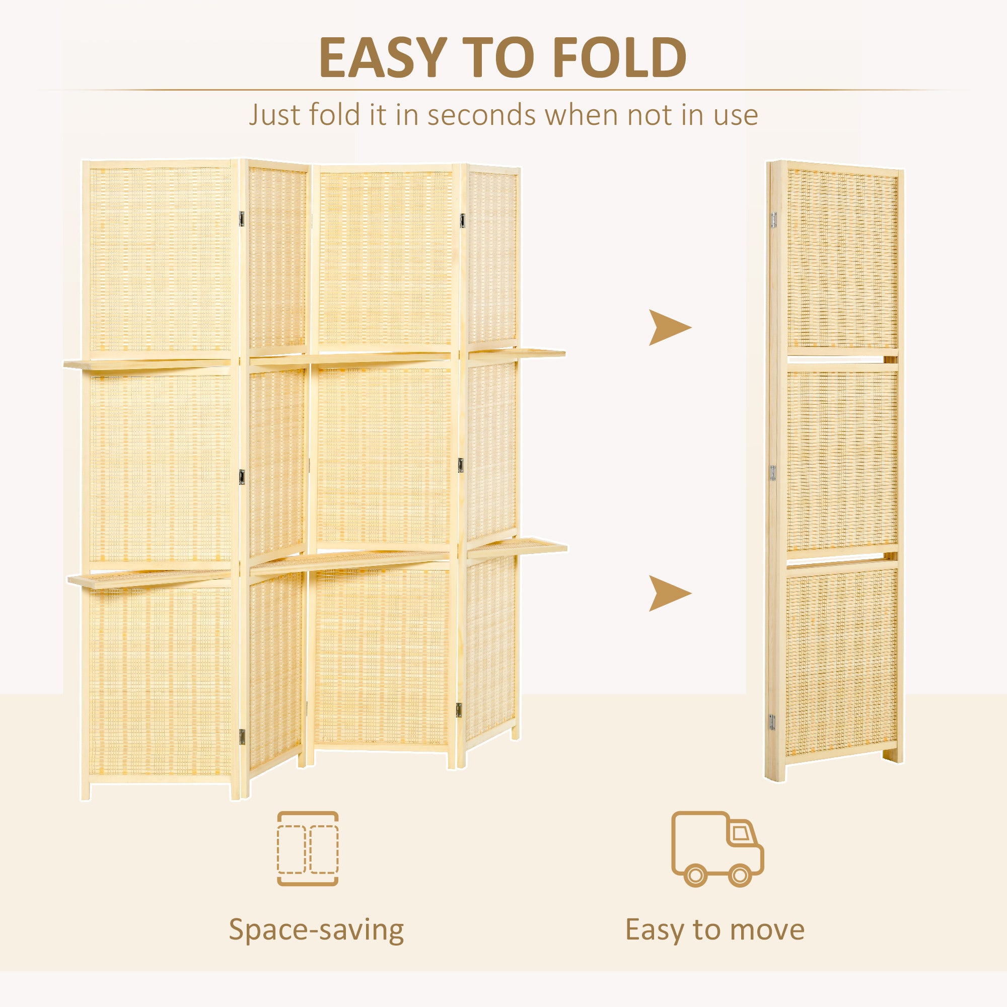 4-Panel Folding Room Divider, 6 Ft Freestanding Bamboo Privacy Screen Panel with Storage Shelves for Bedroom or Office, Natural Wood Color