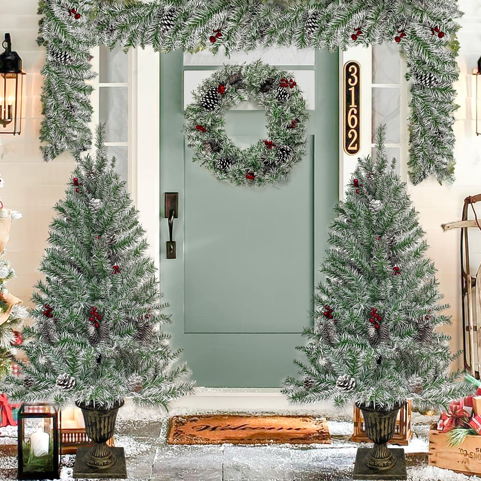 Pre-lit Xmas Tree Artificial Christmas 4-Piece Set,Garland, Wreath and Set of 2