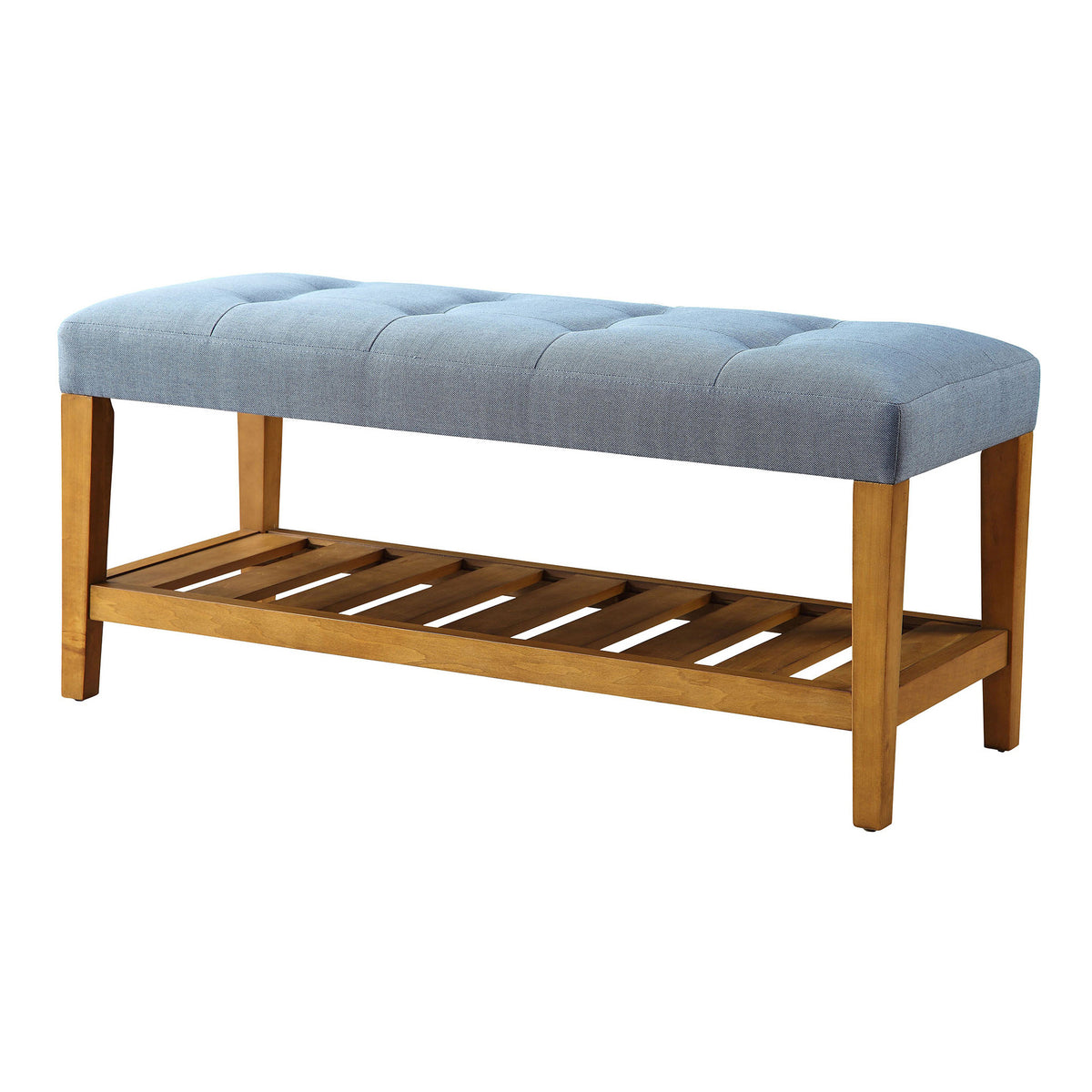 Light Blue and Oak Tufted Padded Seat Bench