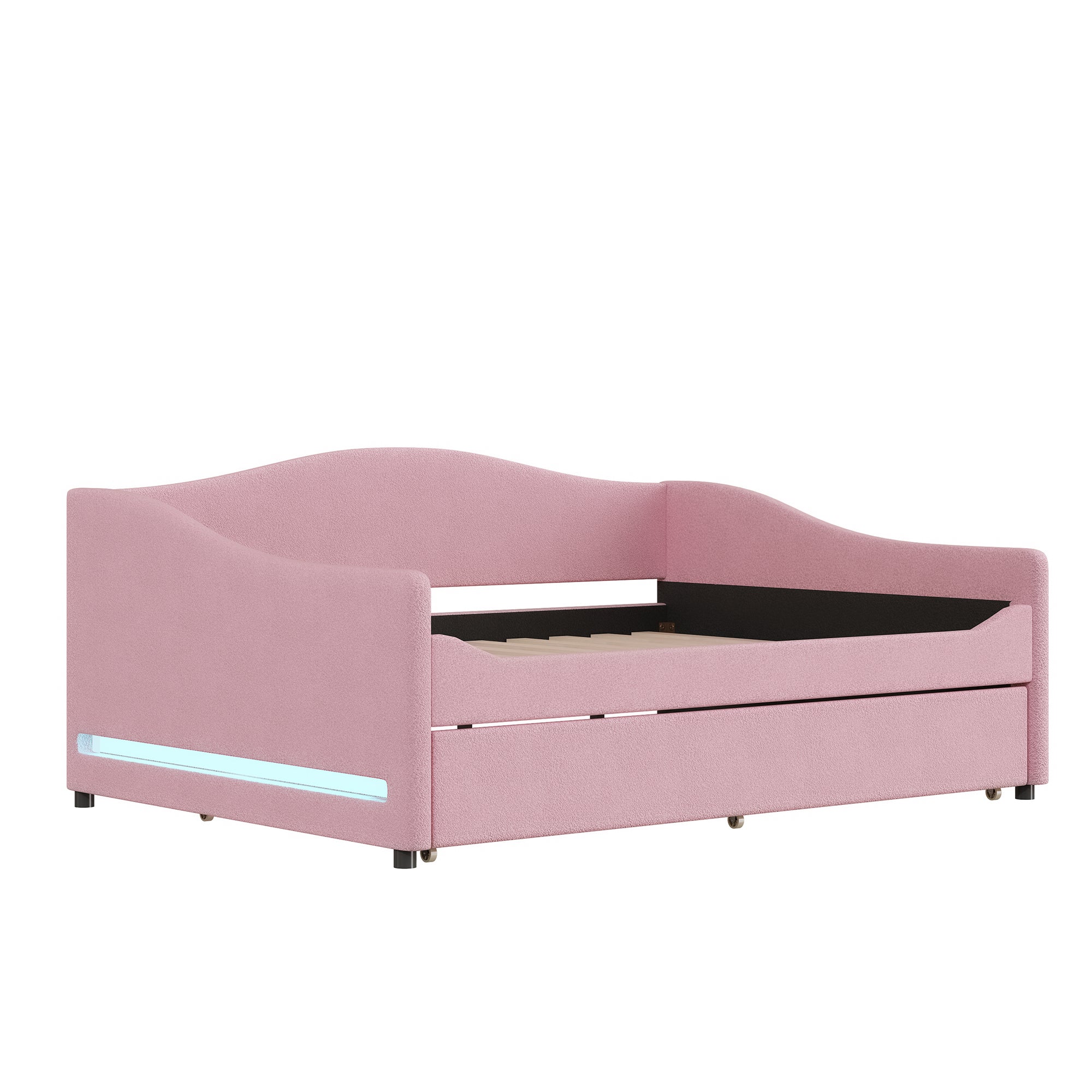 Teddy Fleece Full Size Upholstered Daybed with Light and Trundle - Pink