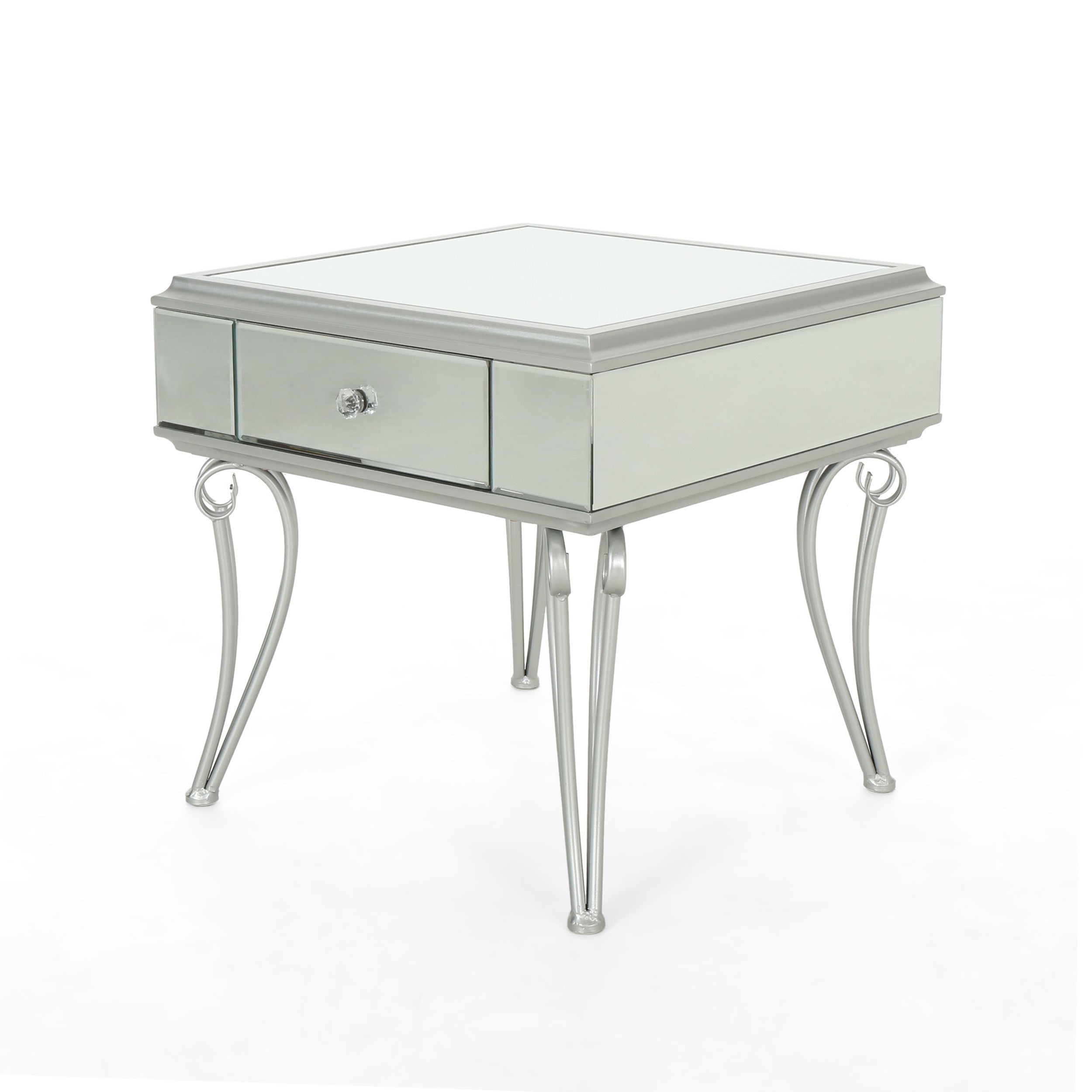 Mirrored Silver End Table Nightstand with 1 drawer for Bedroom or Living Room