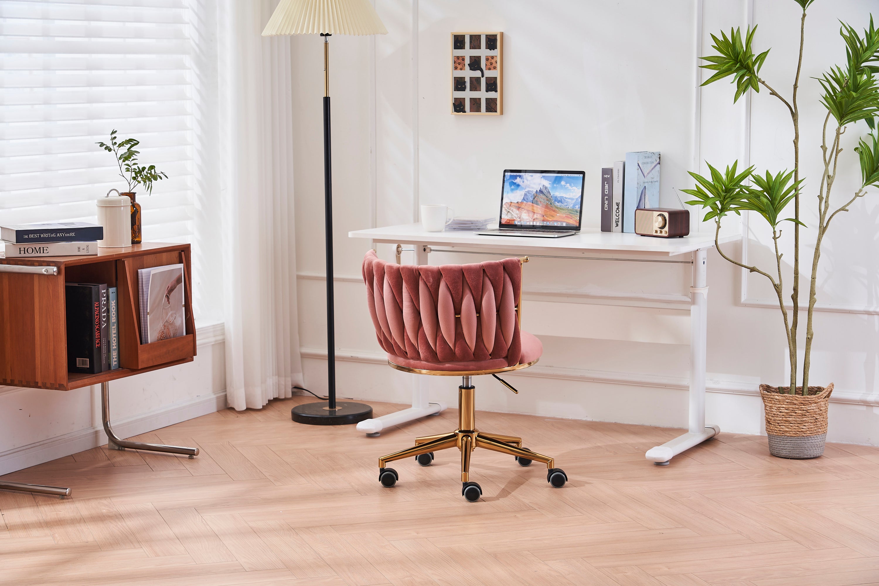 Upholstered Home Office Desk Chairs with Adjustable Swivel Wheels - Pink