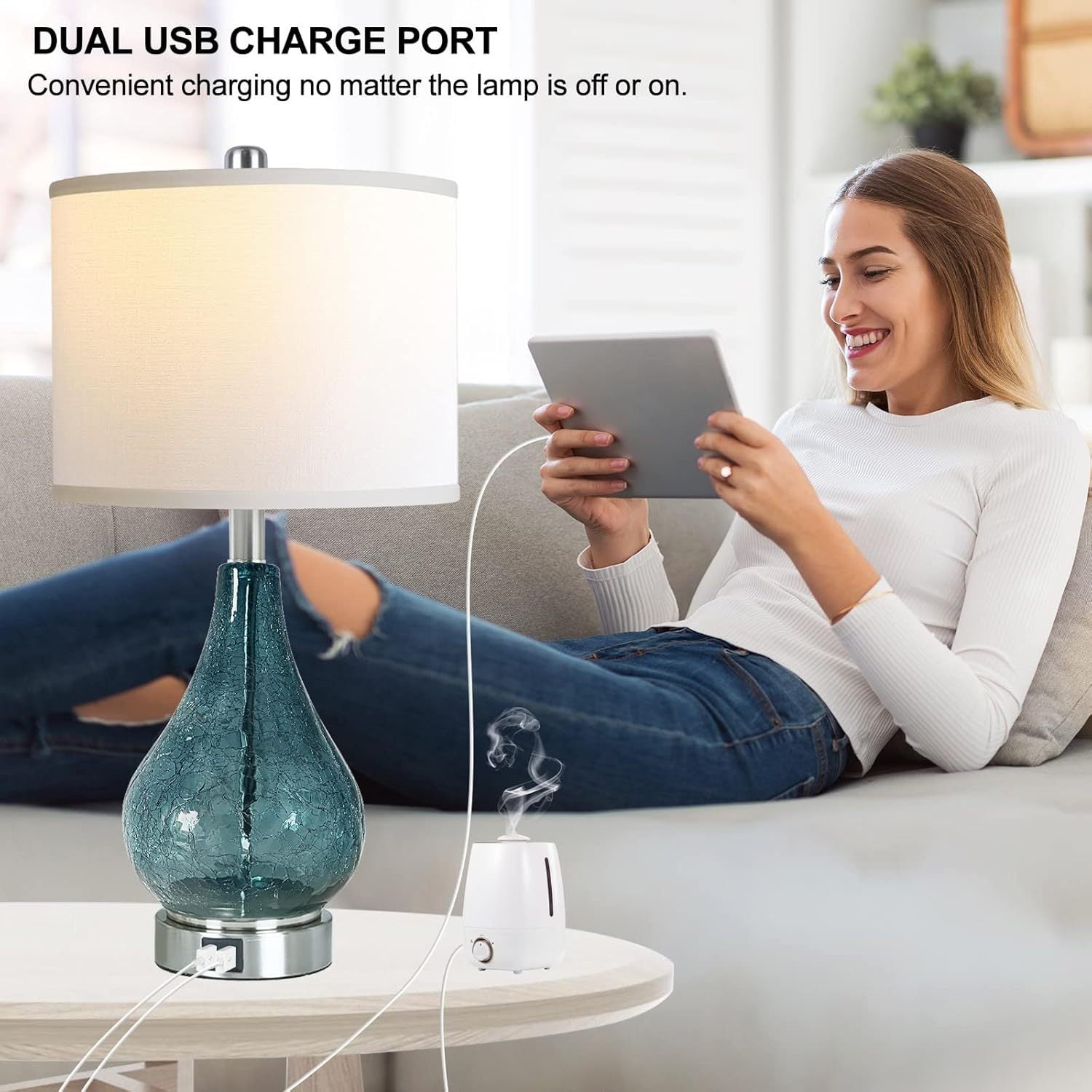 Set Of 2, 22.5" Glass Table Lamp LED Light With Touch Control, Black 3 Way Dimmable Modern Bedside Lamps With White Fabric Shade - Blue