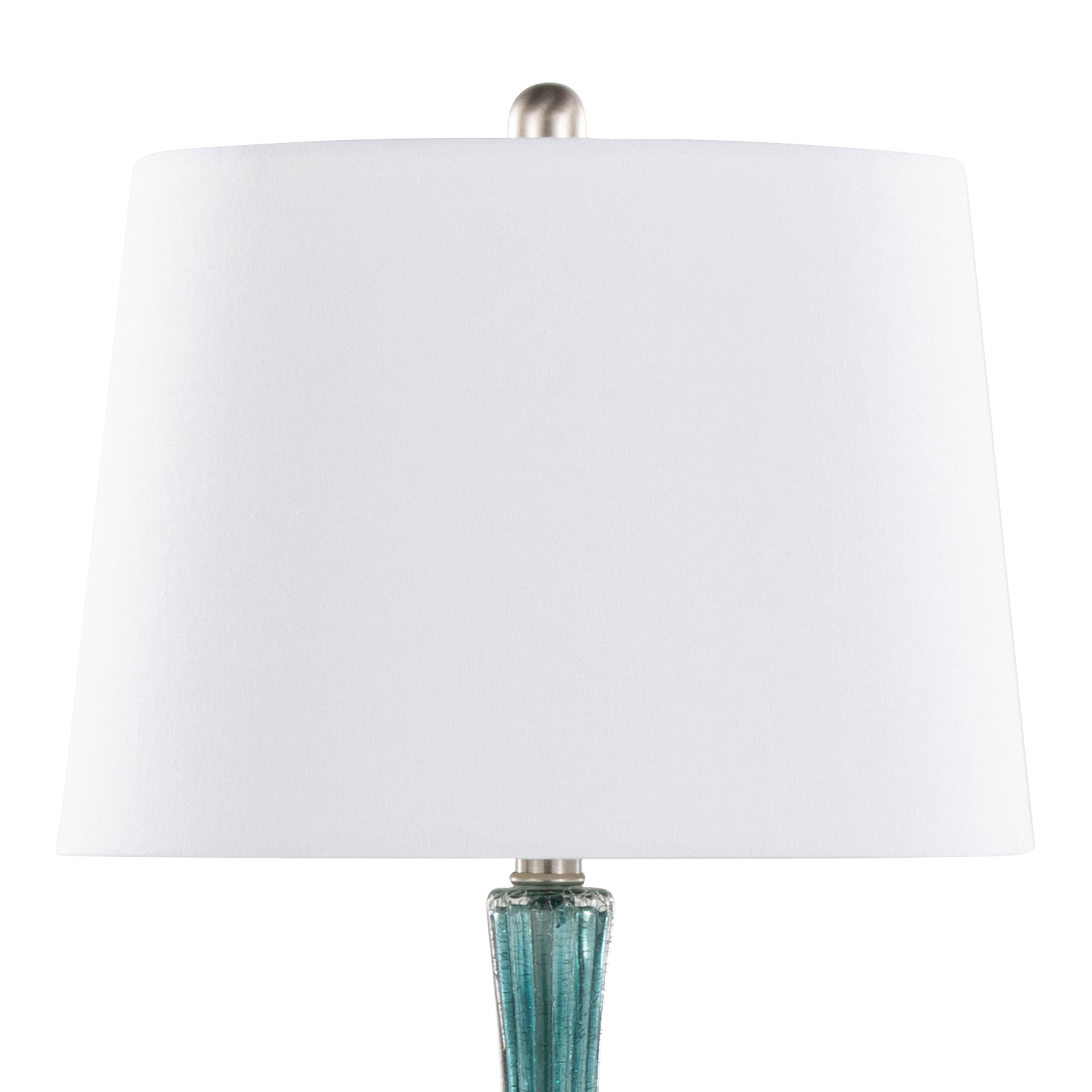 27" Contemporary Table Lamp in Clear Sapphire Blue Crackle Glass, Brushed Nickel and White Linen Shade - Set of 2