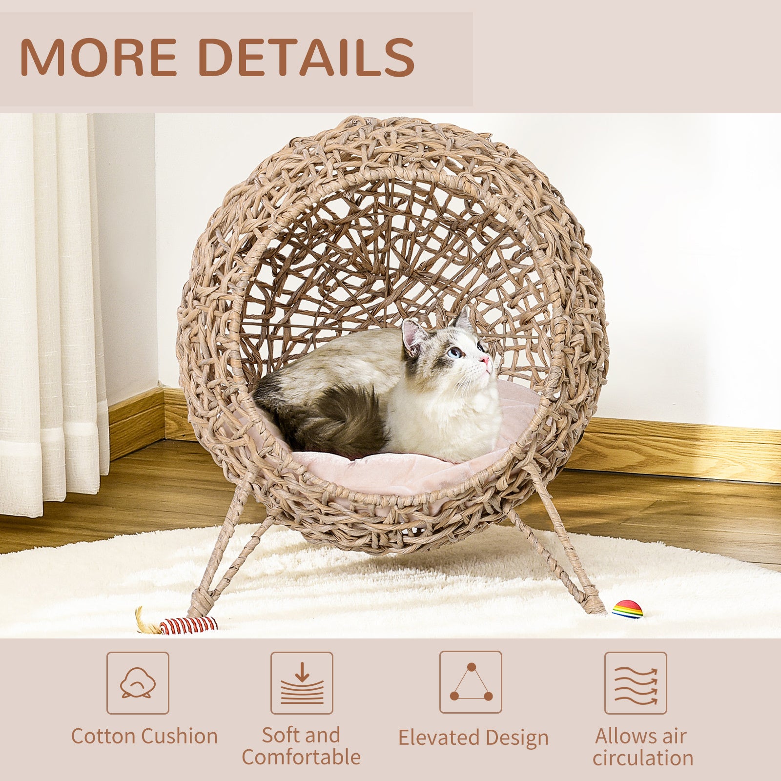 PawHut 20.5" Weaved Cat Bed, Elevated Hand-woven Braided Banana Leaf Kitten House Condo with Cushion - Beige