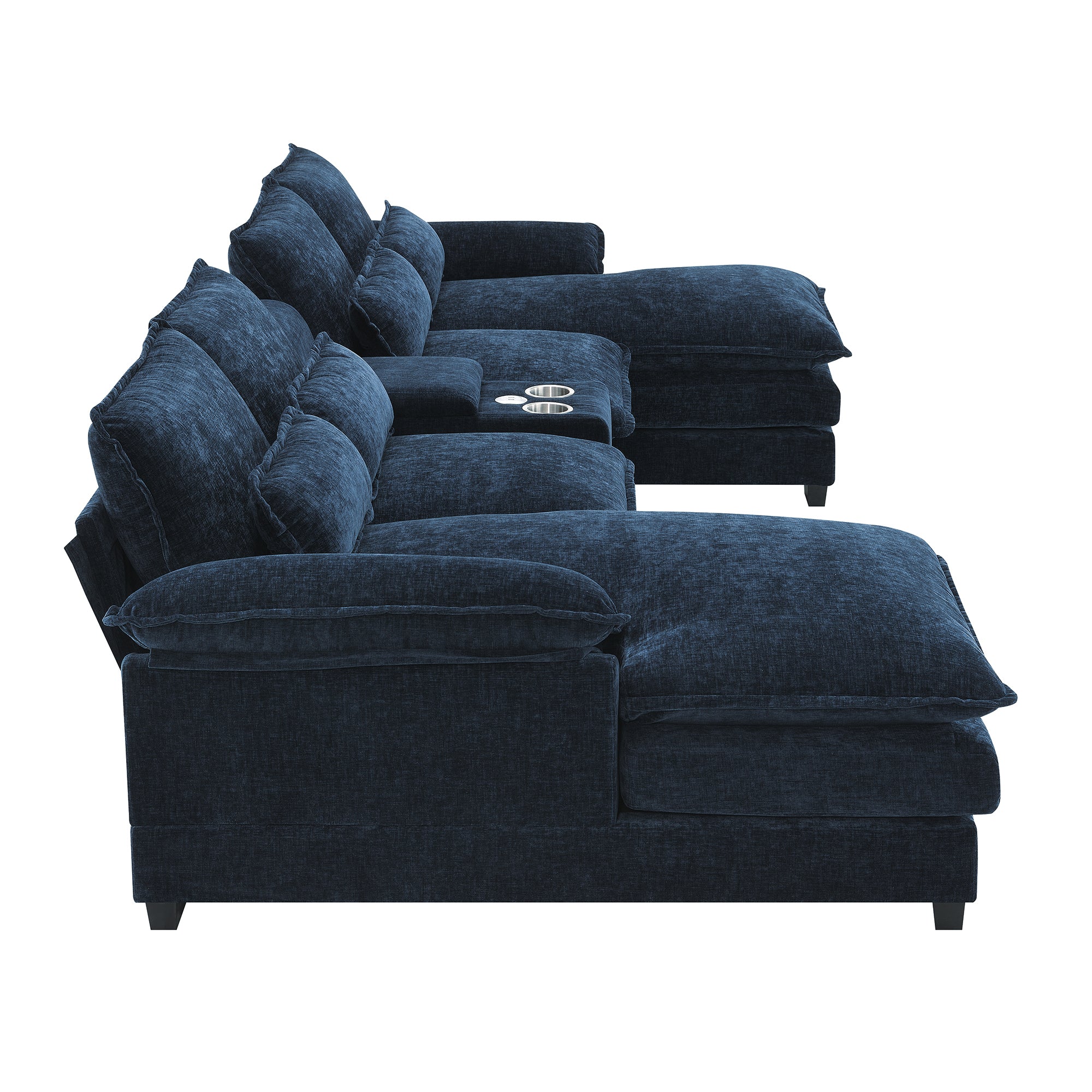 Modern Blue U-shaped Sofa with Cupholders and USB Ports, 6-seat Upholstered Symmetrical Indoor Furniture