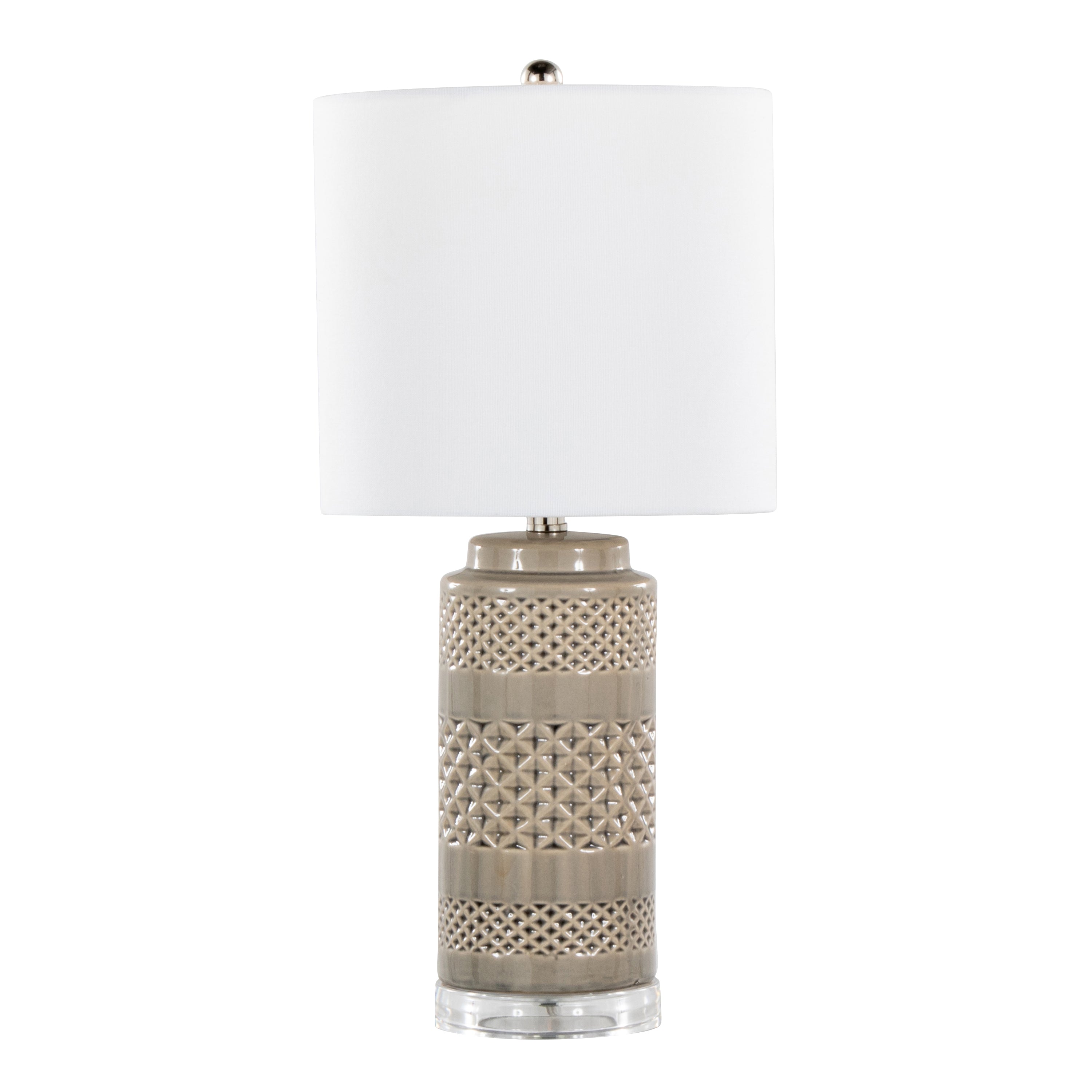 21" Contemporary Table Lamp in Opal Gray Ceramic, Polished Nickel, Clear Acrylic Accents and White Linen Shade - Set of 2