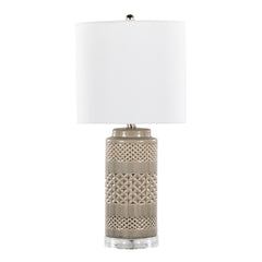 21" Contemporary Table Lamp in Opal Gray Ceramic, Polished Nickel, Clear Acrylic Accents and White Linen Shade - Set of 2