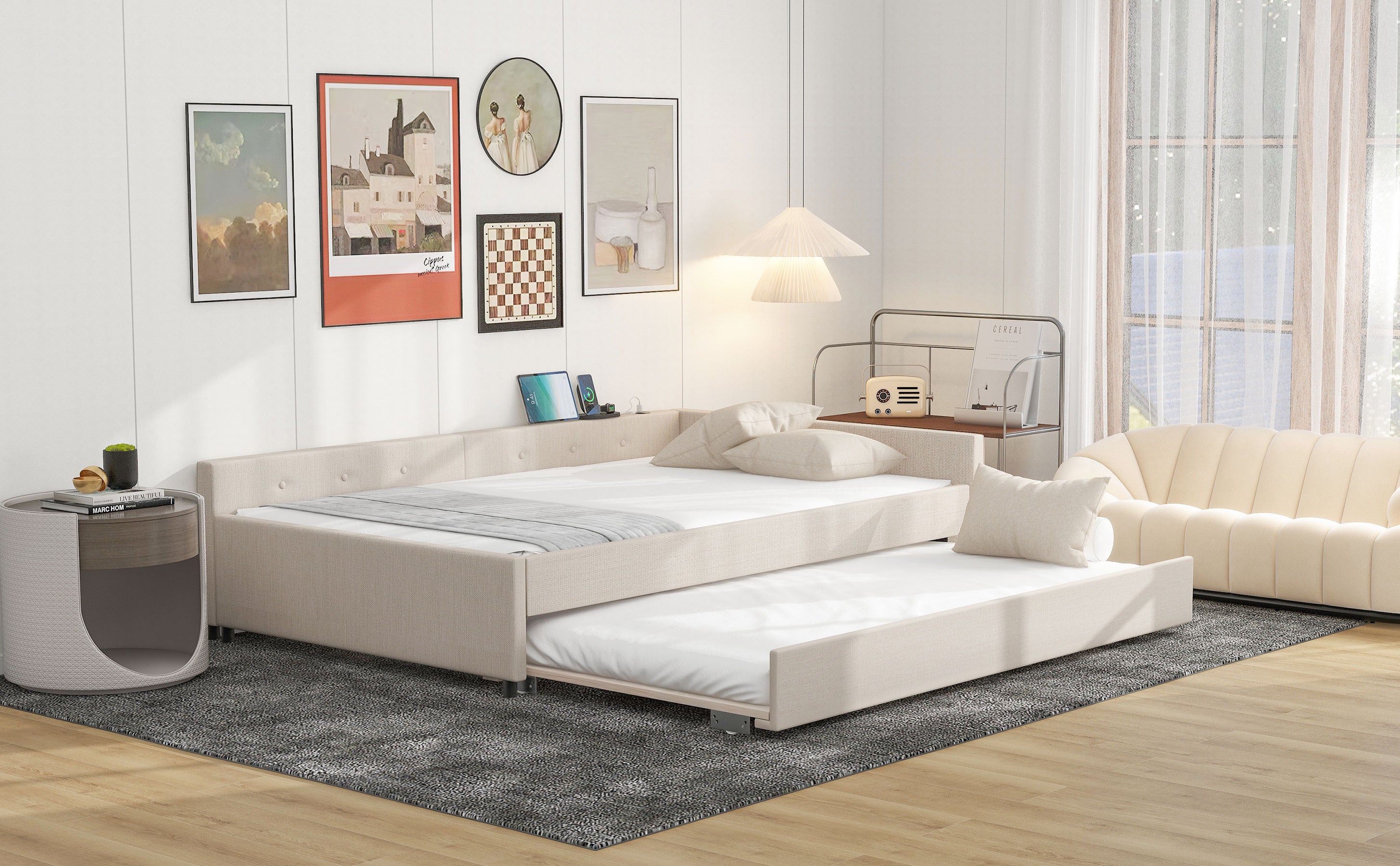 Full Size Upholstered Platform Bed with USB and Twin Size Trundle - Beige