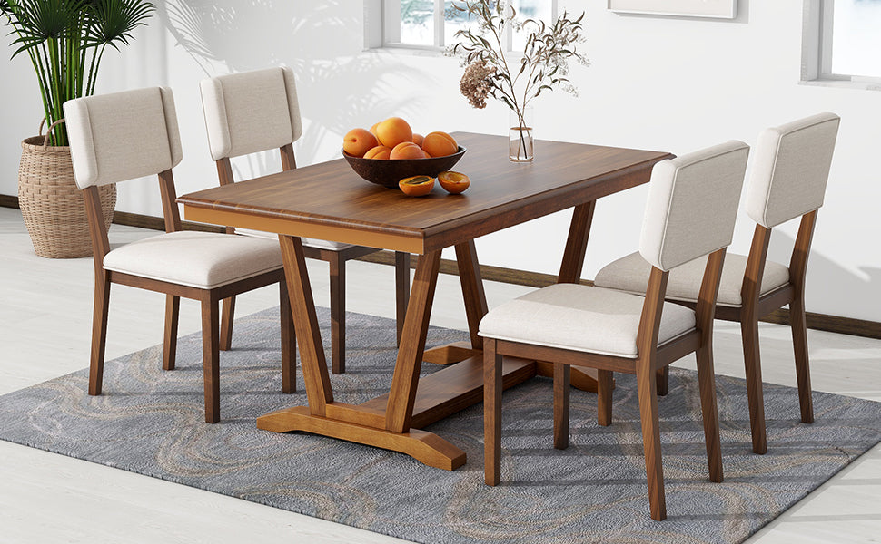 Rustic 5-piece Dining Table Set with 4 Upholstered Chairs - Walnut