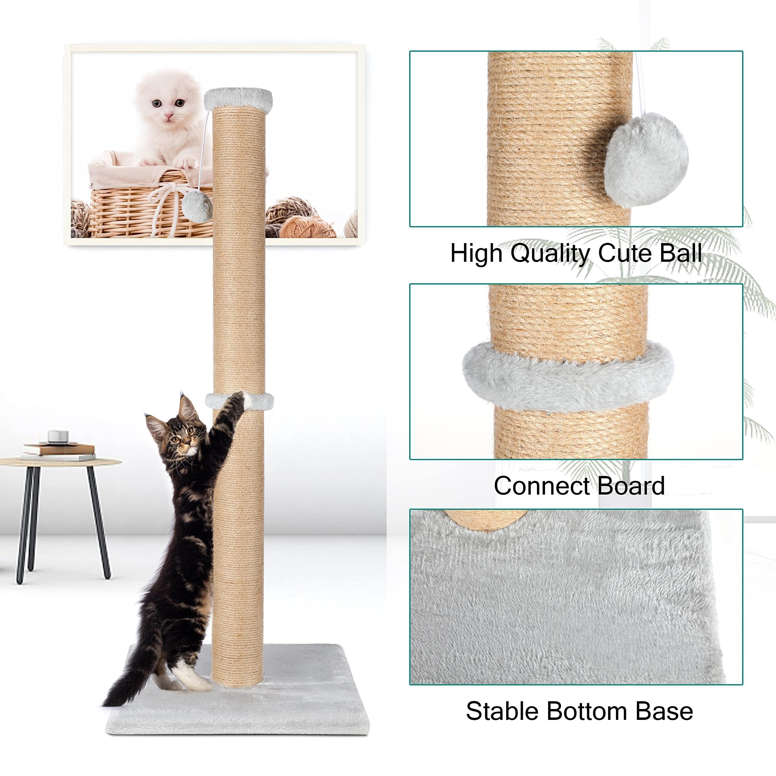 37'' Cat Scratching Post, Natural Sisal Rope Scratcher with Dangling Teaser Ball and Covered with Soft Plush for Kittens and Adult Cats, Sand Color