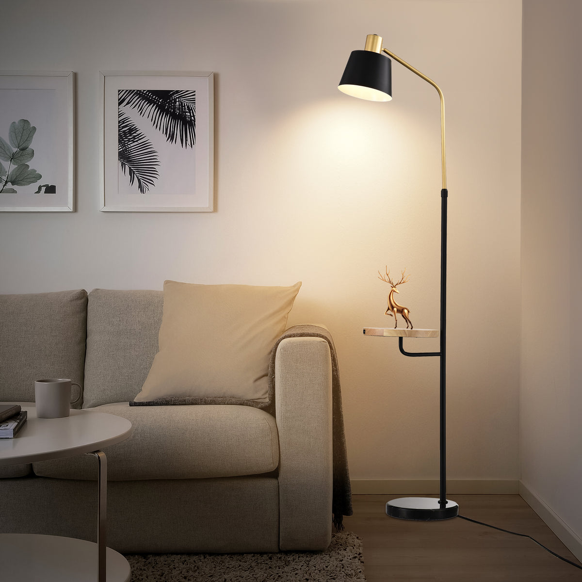 Real Marble Floor Lamp with Wood Bedside Nightstand End Table and Built-in USB Charging Port - Matte Gold + Matte Black