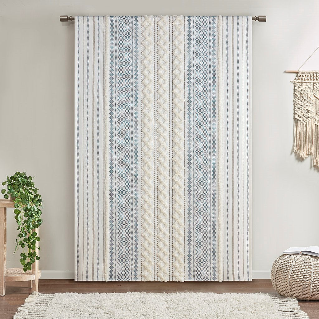 Cotton Printed Curtain Panel with Chenille Stripe and Lining - Ivory+Navy