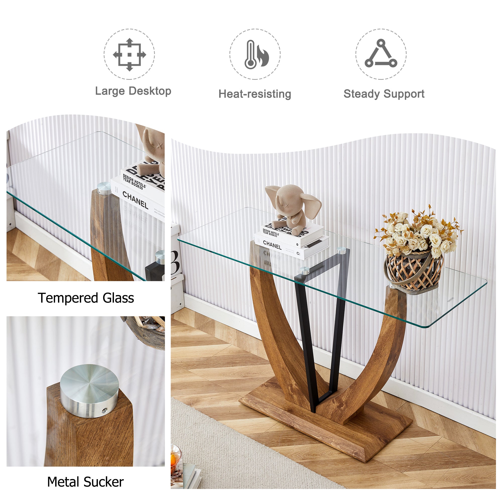 Modern Minimalist Rectangular Glass Table with tempered glass top and MDF wood grain sticker legs