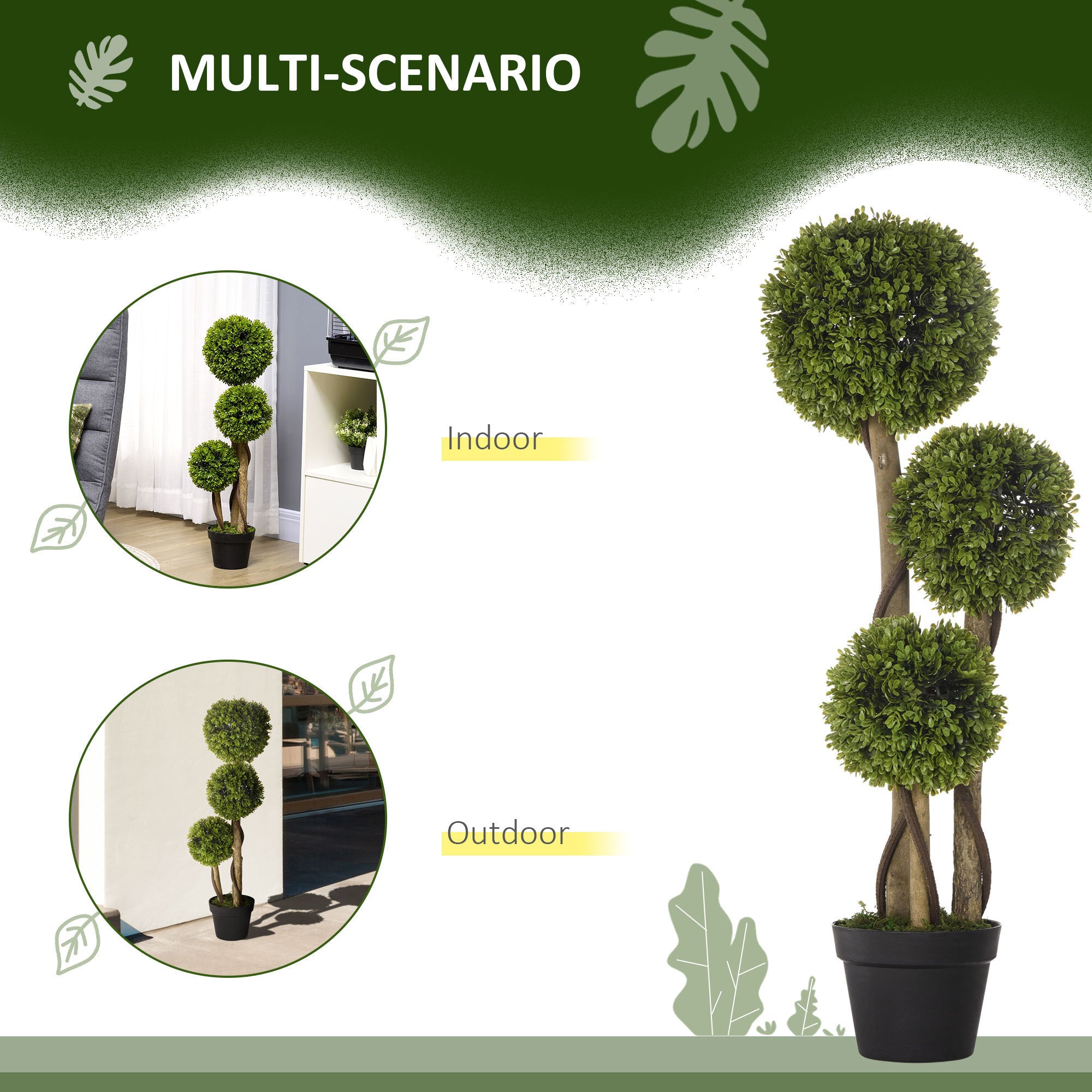 Artificial Plant Indoor & Outdoor Artificial Tree in Pot, 3 Ball Boxwood Topiary Tree