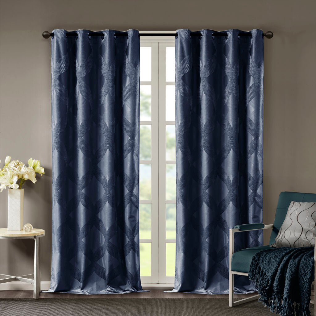 Ogee Knitted Jacquard Total Blackout Curtain Panel - Navy