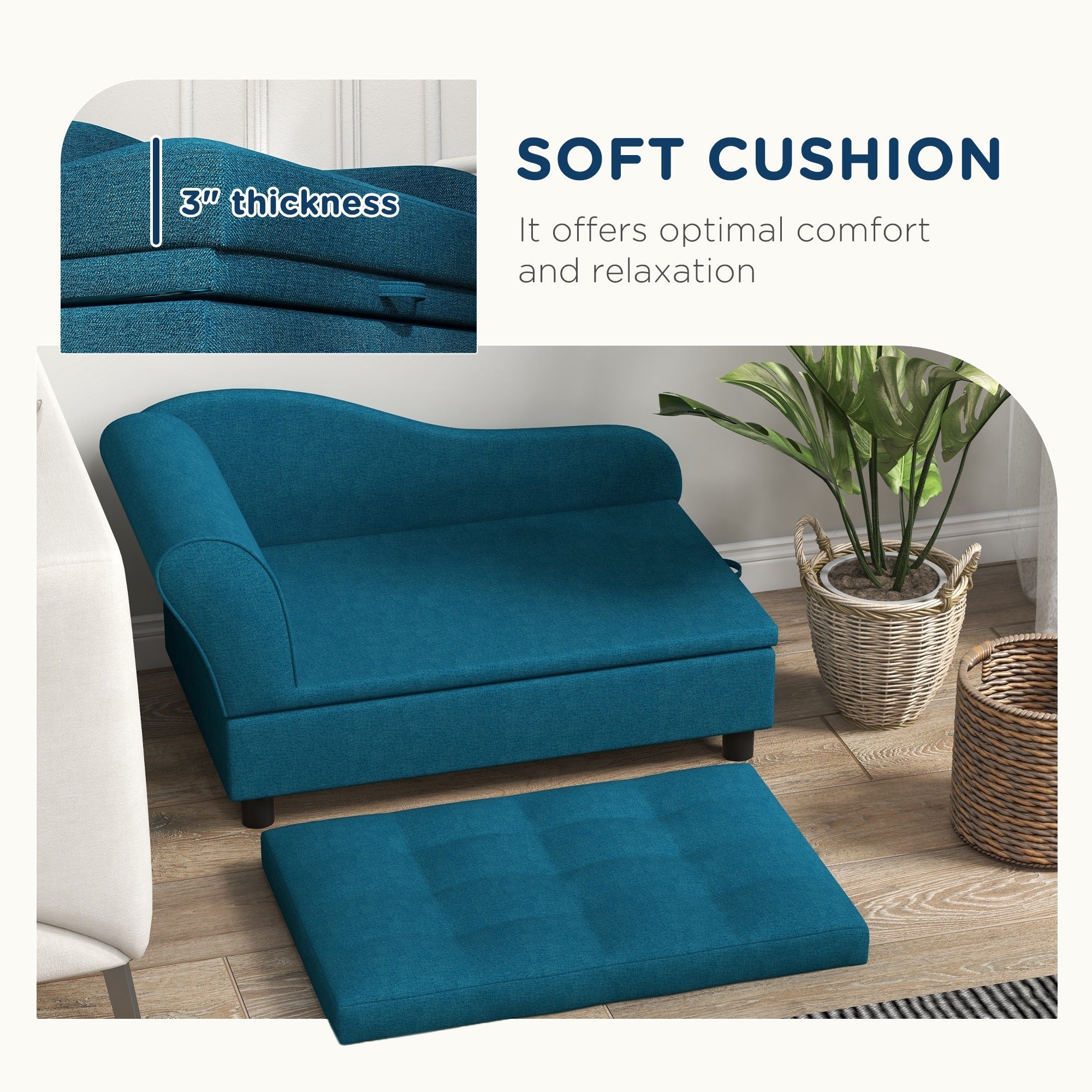 PawHut Pet Sofa, Dog Couch for Small and Medium Dogs, with Hidden Storage, Soft Tufted Cushion, Dark Blue