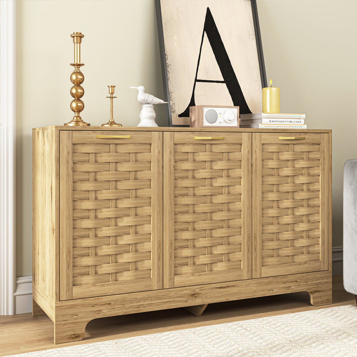 Storage Cabinet with 3 Doors, Wood Sideboard Buffet with Adjustable Shelf, Anti-tip Kit Accent Cabinet