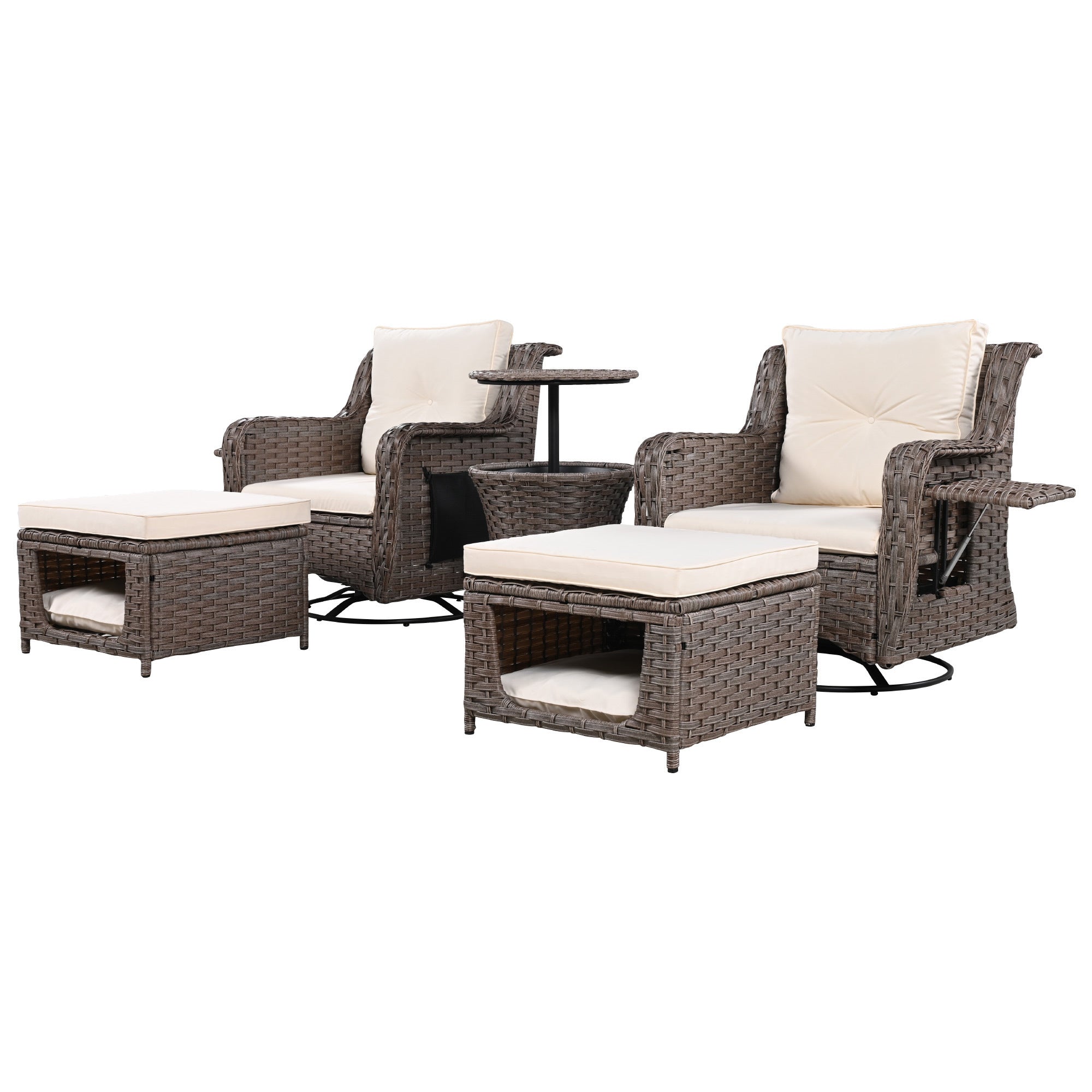 5 Pieces Outdoor Patio Furniture Set with Pet House Cool Bar and Retractable Side Tray, Rattan Wicker Patio Swivel Rocking Chairs Set of 2 with Ottomans - Beige