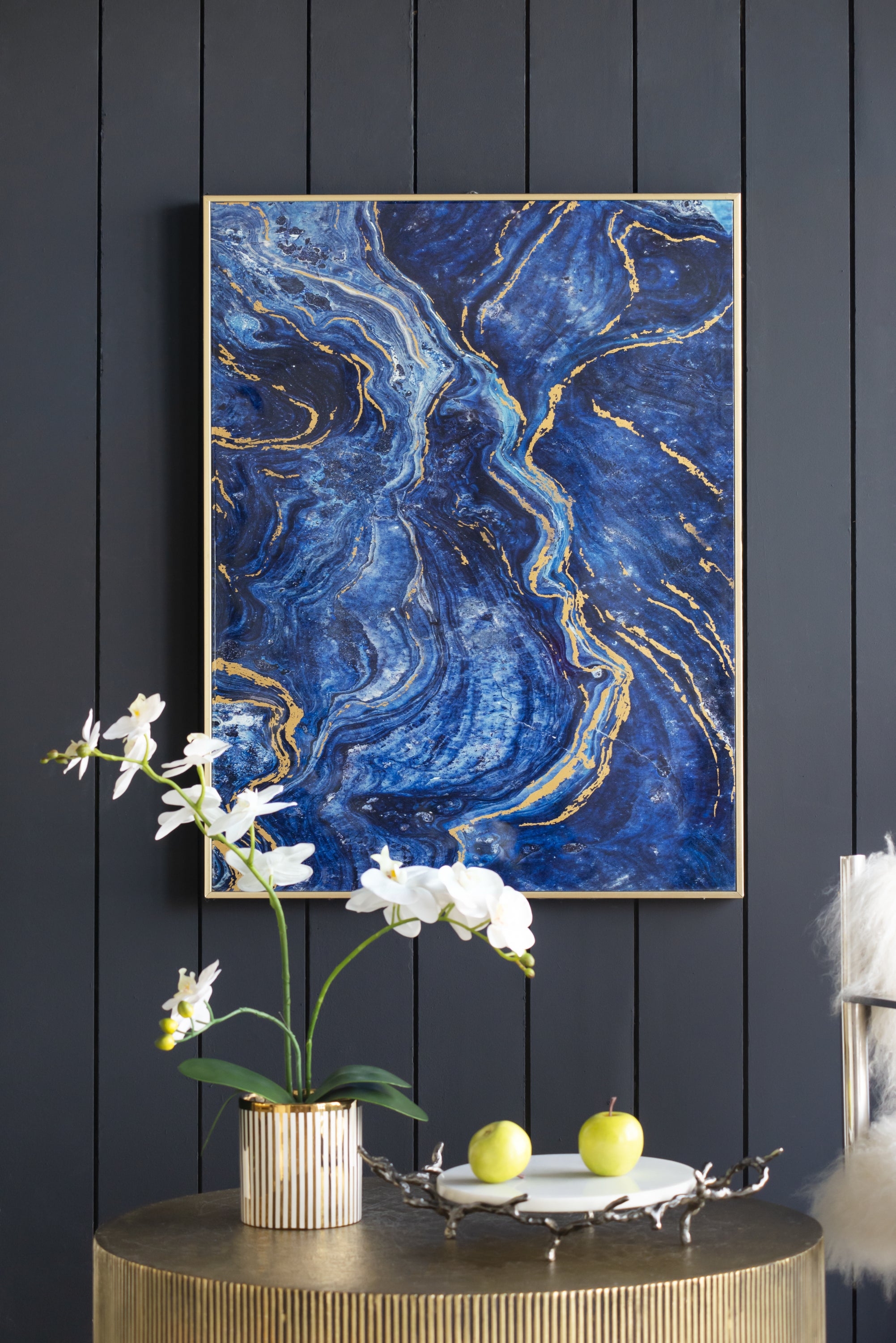 Set of 2 Blue and Gold Framed Art Panels, Unique Marbled Design, 30.5"x40"