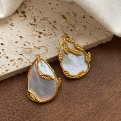 Mother of Pearl Teardrop Dangle Earrings, Gold Leaf Design, Shell