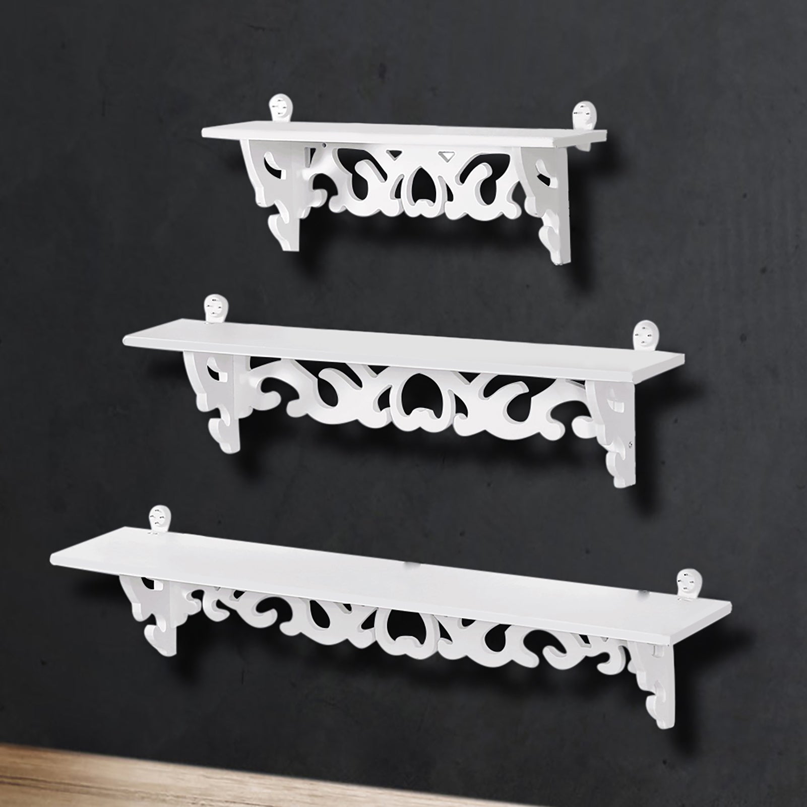 Set of 3 Shabby Floating Wall Shelves Bookshelf Display Wall Shelf Storage Rack - White