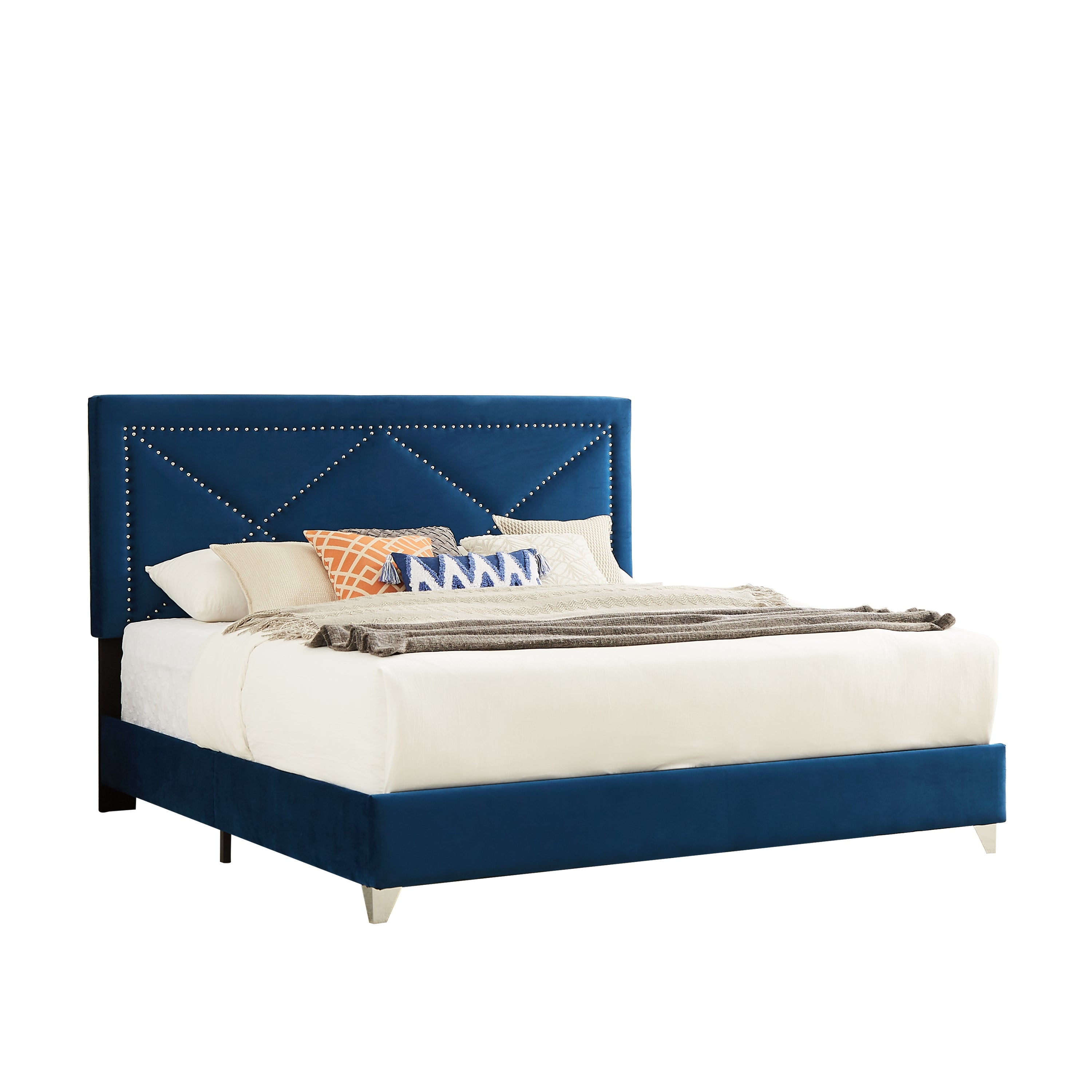 King Bed with Beautiful Brass Studs Adorn - Blue