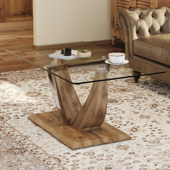 Modern Minimalist Transparent Tempered Glass Coffee Table with Wooden MDF legs and Stainless Steel Decorative Columns