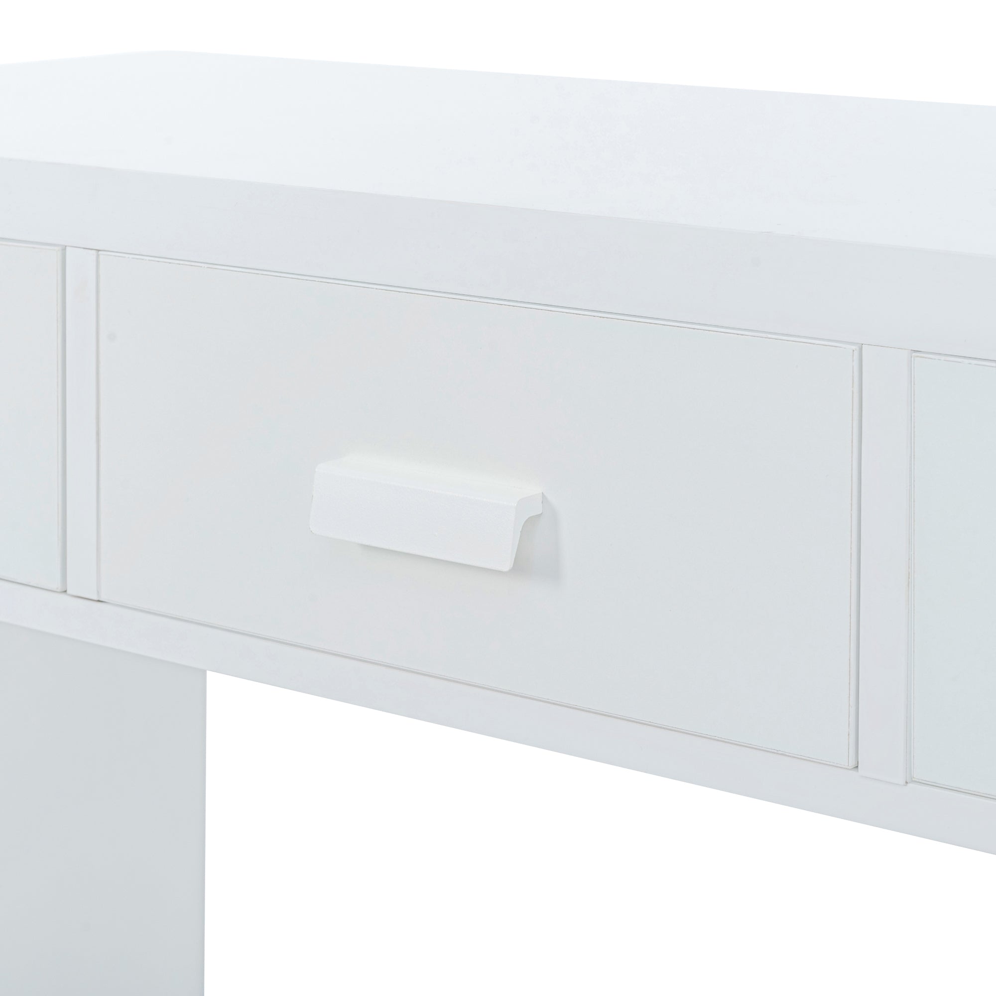 Modern Minimalist Console Table with Open Tabletop and Four Drawers with Metal Handles - White