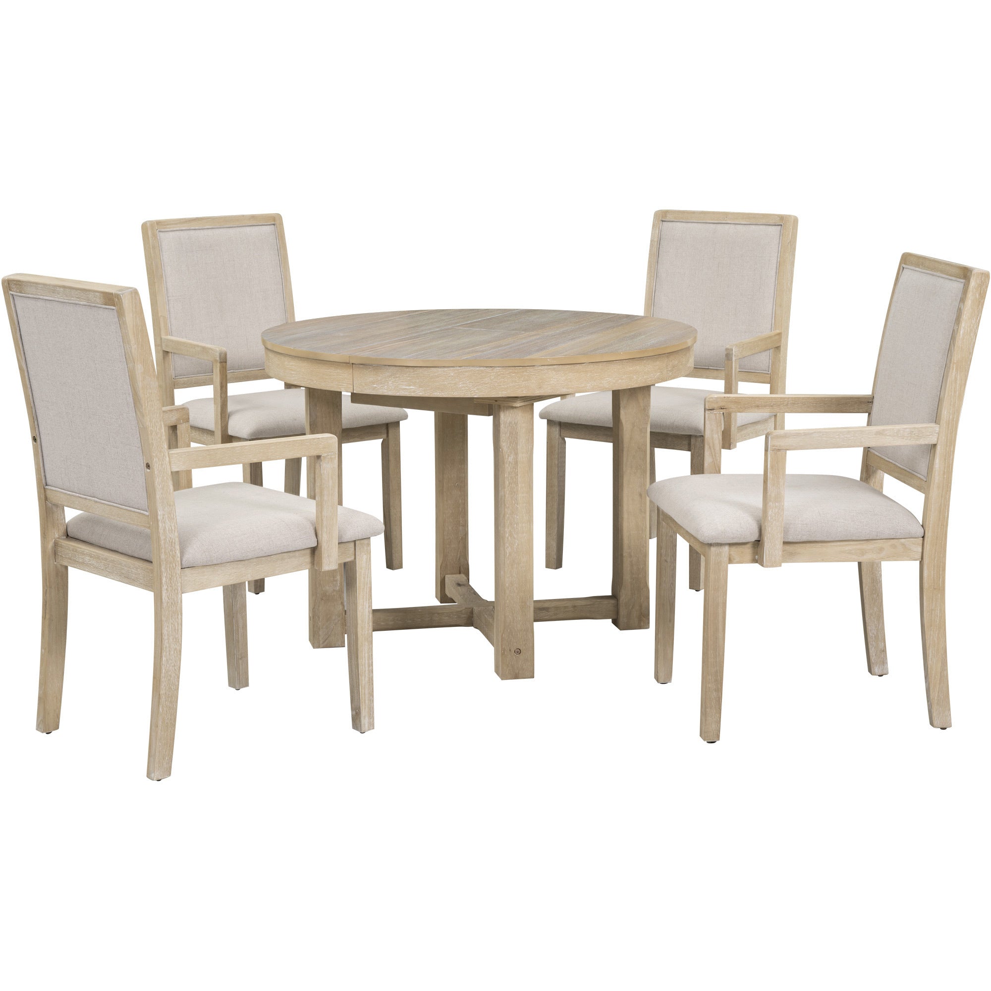 5-Piece Dining Table Set, Two-Size Round To Oval Extendable Butterfly Leaf Wood Dining Table and 4  Dining Chairs with Armrests - Natural Wood Wash