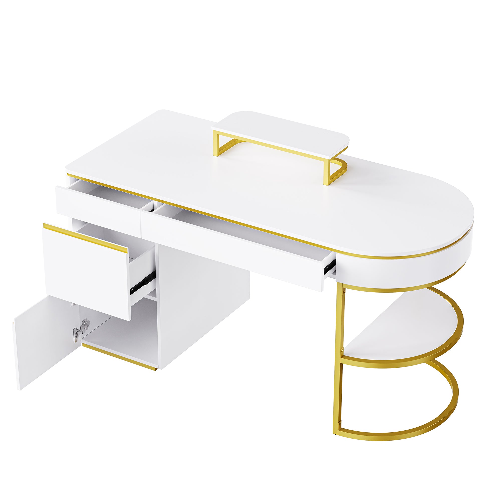 60''Modern Executive Desk,White Curved Computer Desk with Gold Metal Legs,3-Drawers Home Office Desk - Gold+White