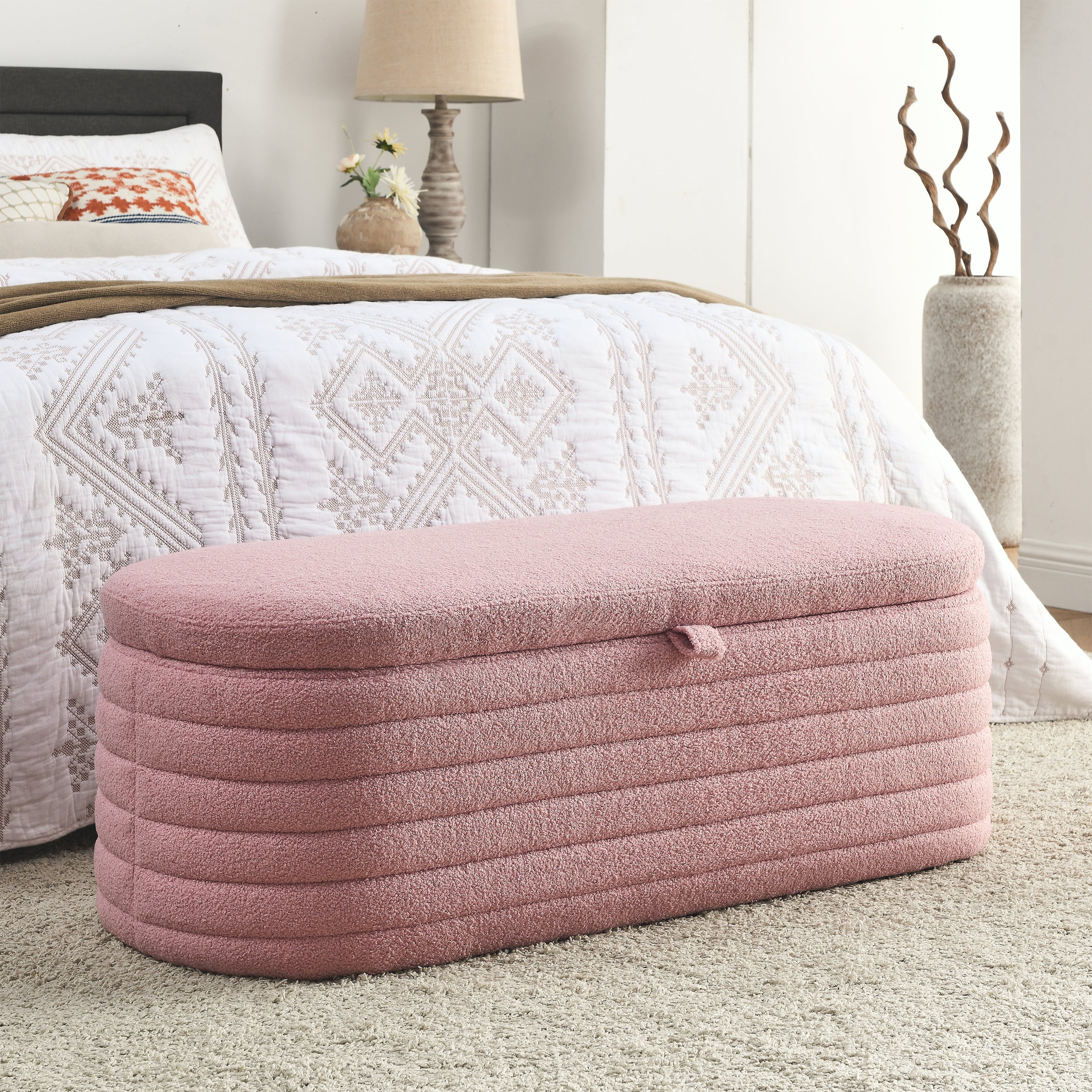 45.5" Storage Ottoman Bench Upholstered Fabric Storage Bench End of Bed Stool with Safety Hinge - Pink teddy.