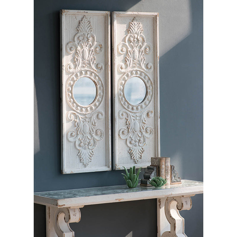 Set of 2 Large Wooden Wall Art Panels with Distressed White Finish and Round Mirror Accents, 17"x48"