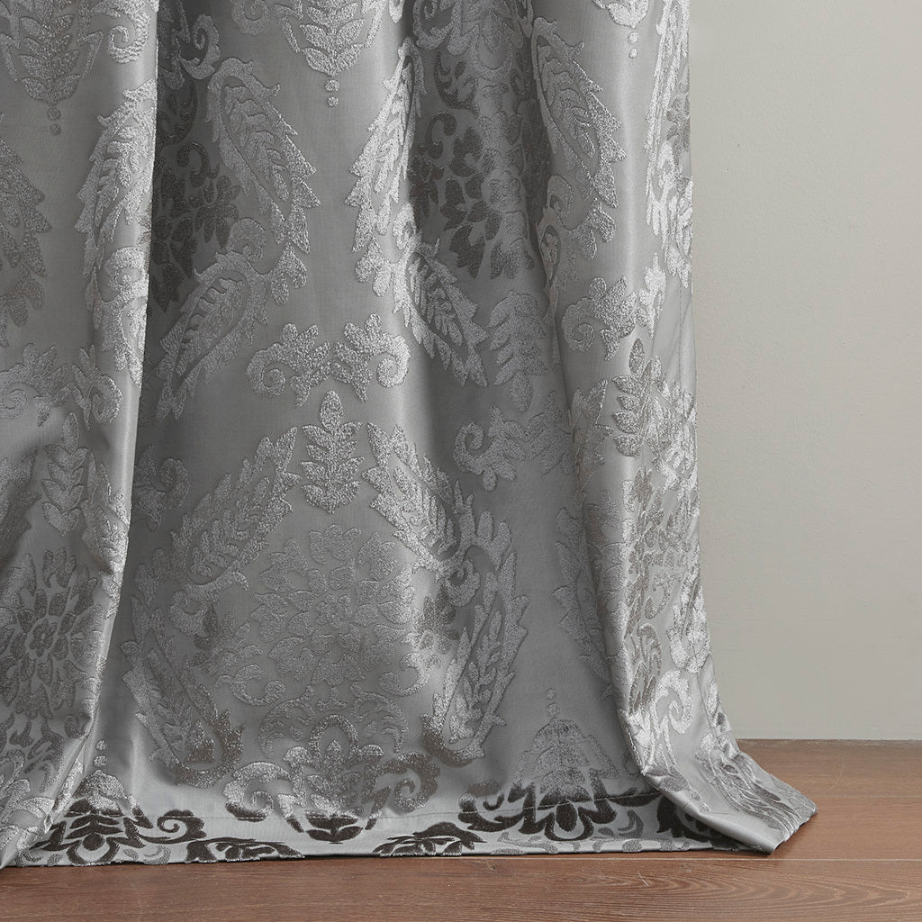 Knitted Jacquard Paisley Total Blackout Grommet Top Curtain Panel - Grey