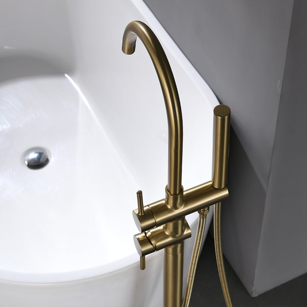 Single Handle Freestanding Tub Filler Floor Mount Bathtub Faucet with Handheld Shower - Brushed Gold