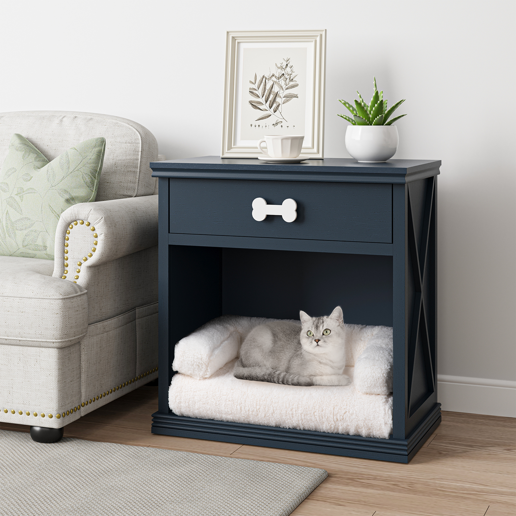 Vintage Small Storage Cabinet with Led Light and Pet Bed, Hidden Cat Litter Box with Drawer and Semi-Open Space - Blue