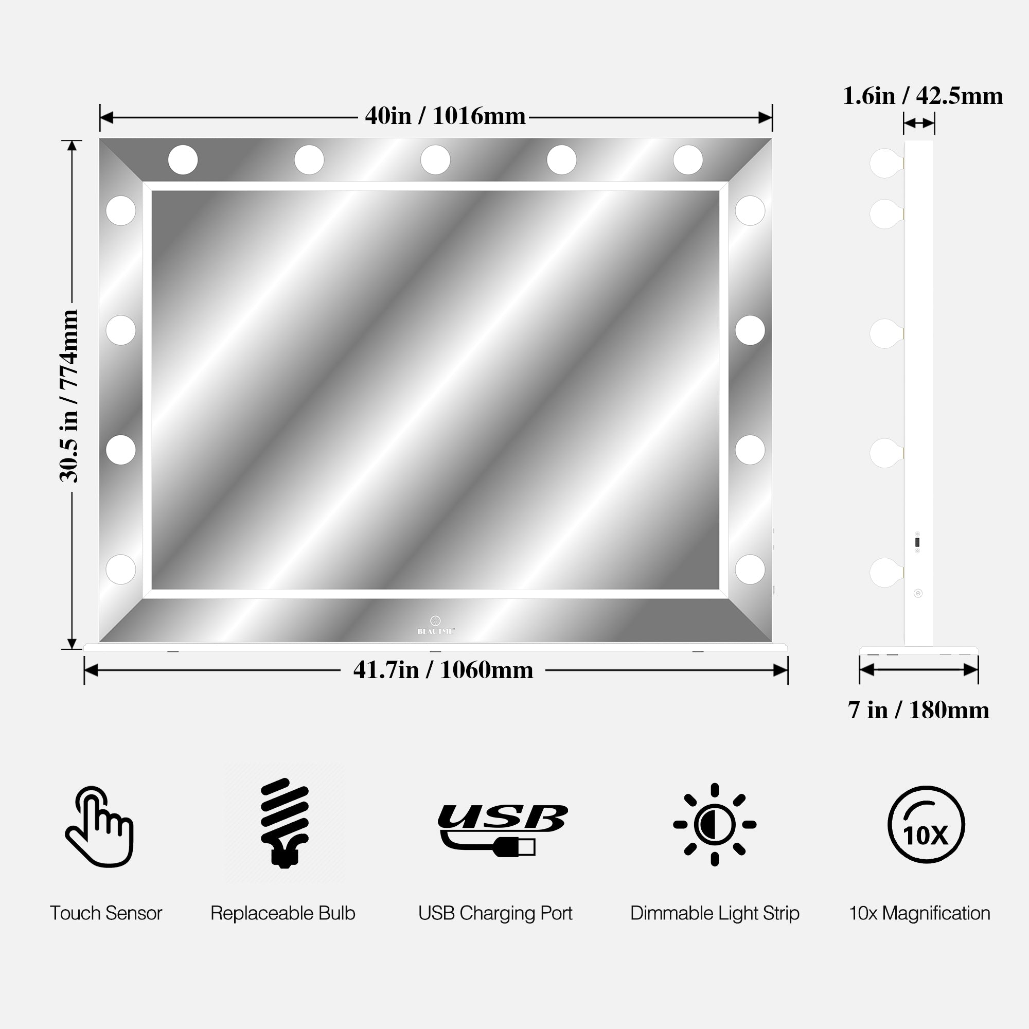 Hollywood Vanity Mirror with Uss Bulbs Luxury Vanity Mirror with Lights Large Size Makeup Mirror Smart Touch White Lighting, 40x30.5 inch