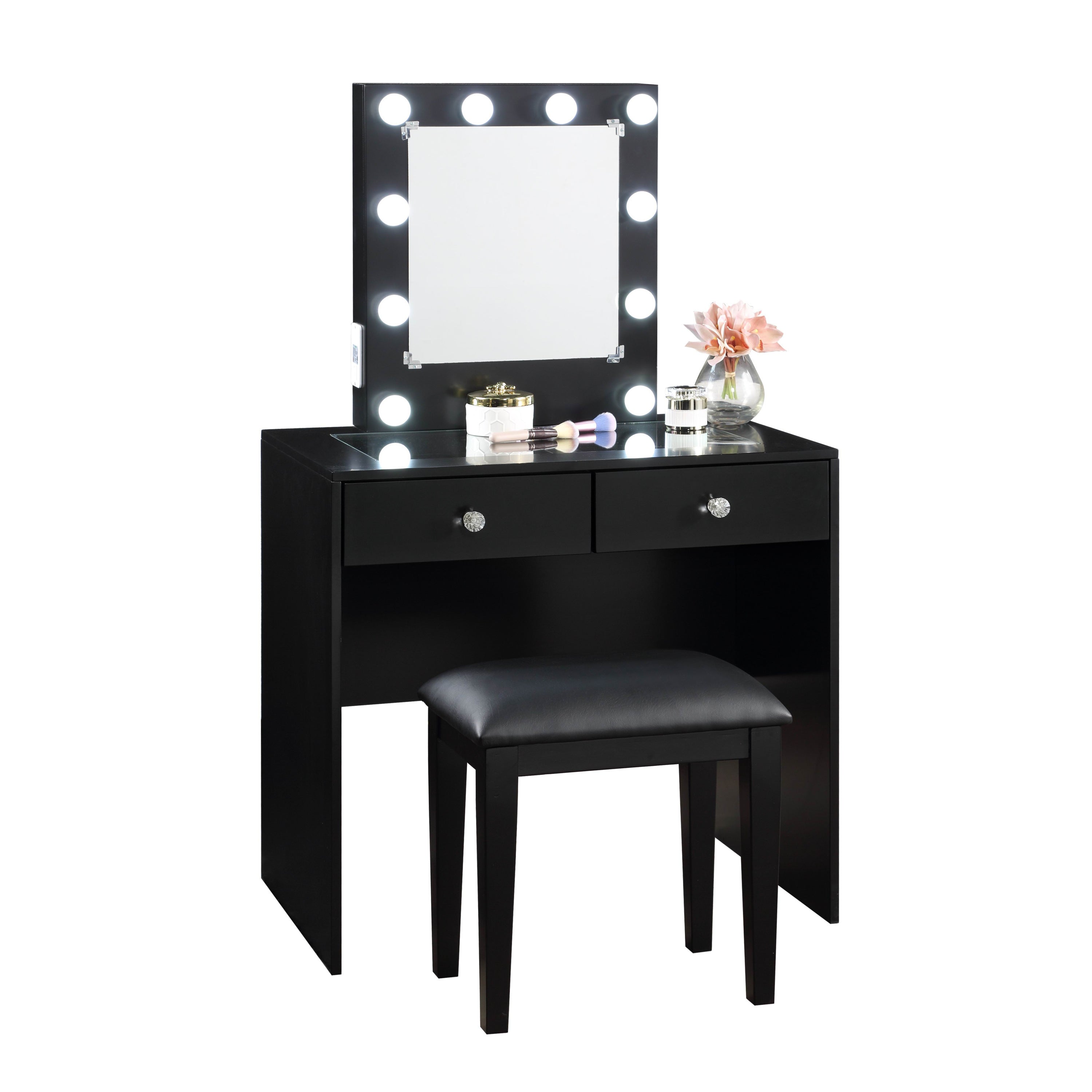 Black Makeup Vanity and Stool Set with 10 Lights and USB Port and Power Outlet, 2x Drawers Luxurious Style Furniture