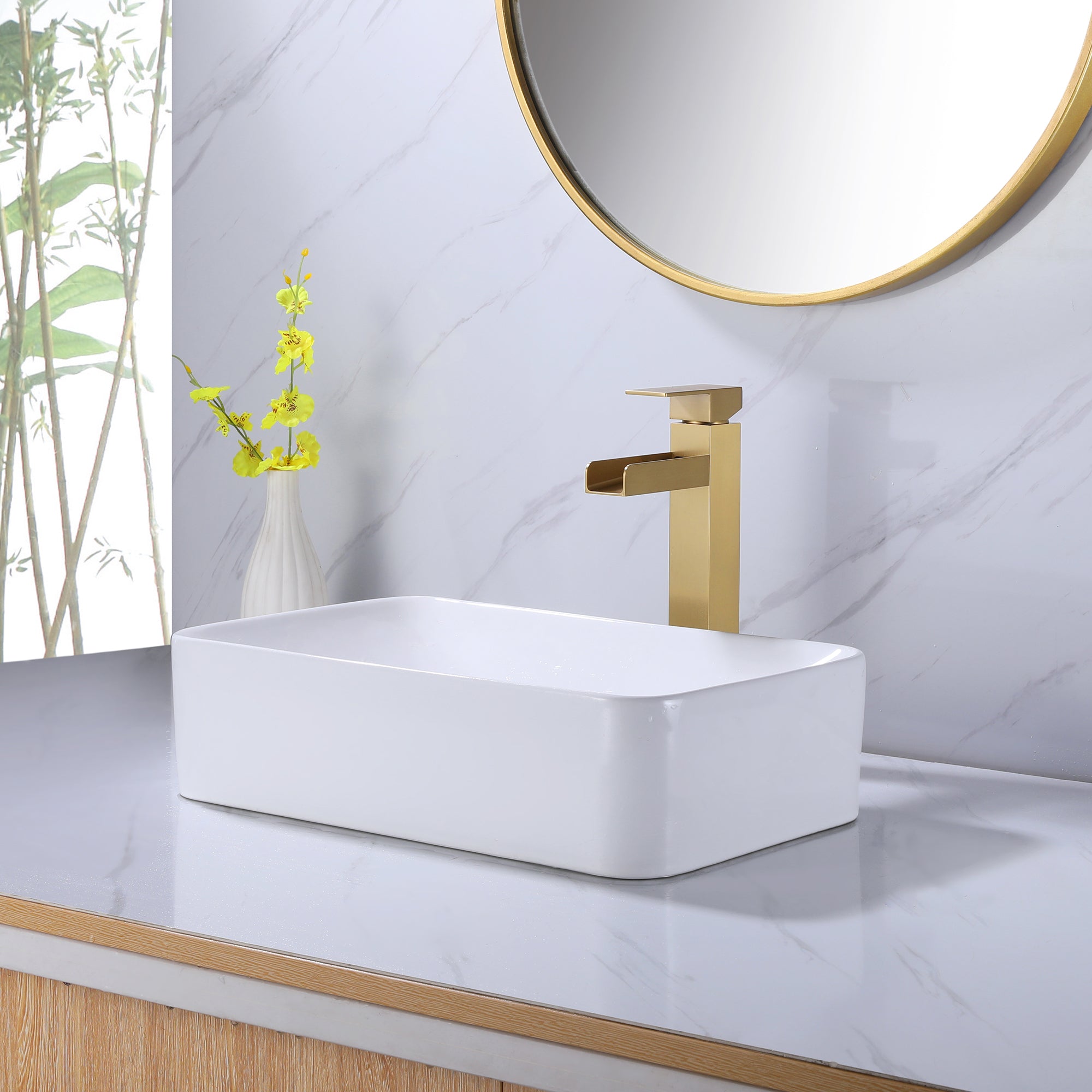 Square Raised Single Hole Single Handle Waterfall Bath Basin Faucet with Brushed Gold