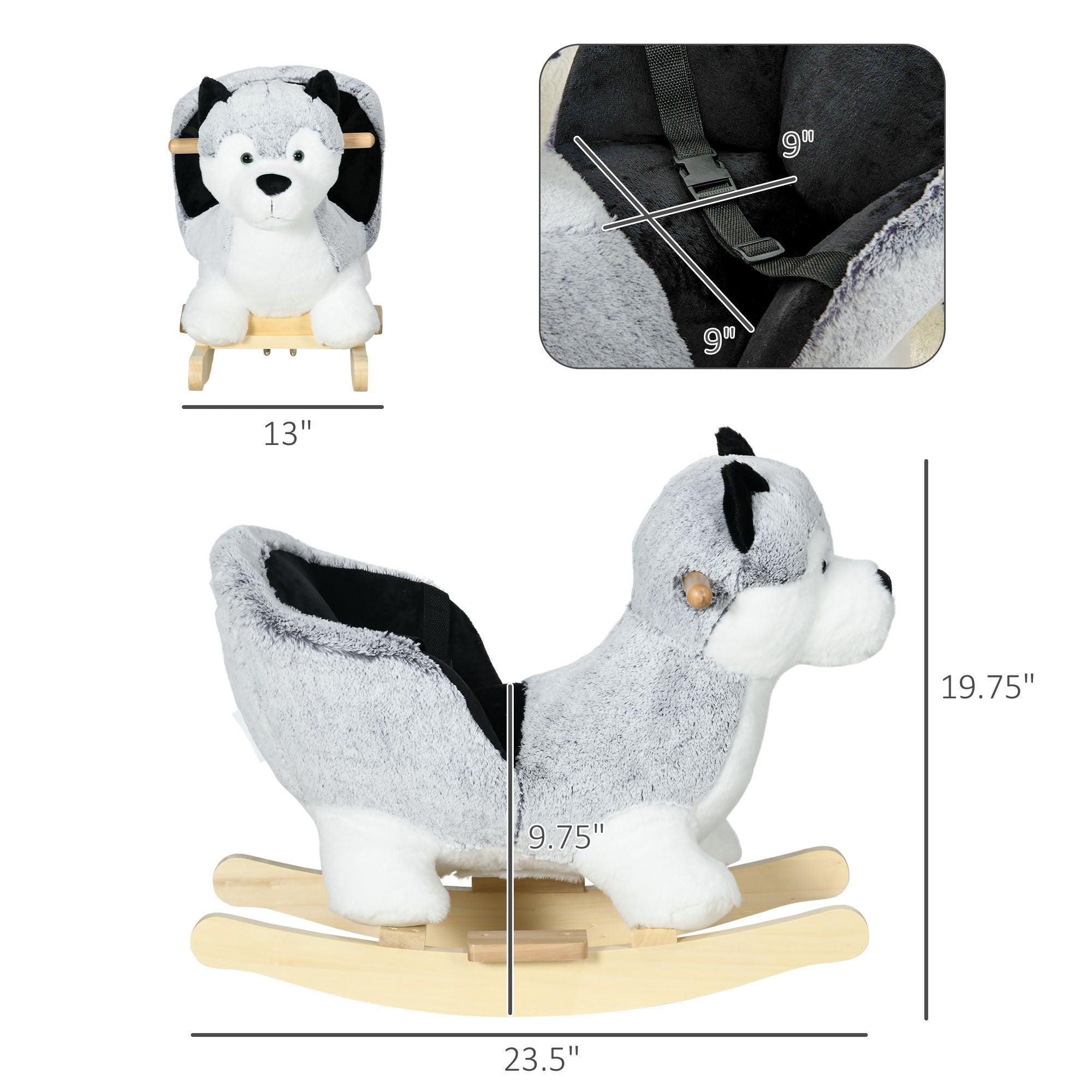 Wooden Rocking Horse, Husky Themed Rocking Animal for Baby, Animal Rocker Ride-On Toy for Kids 18+ Months with Realistic Sounds, Seat Belt, Gray