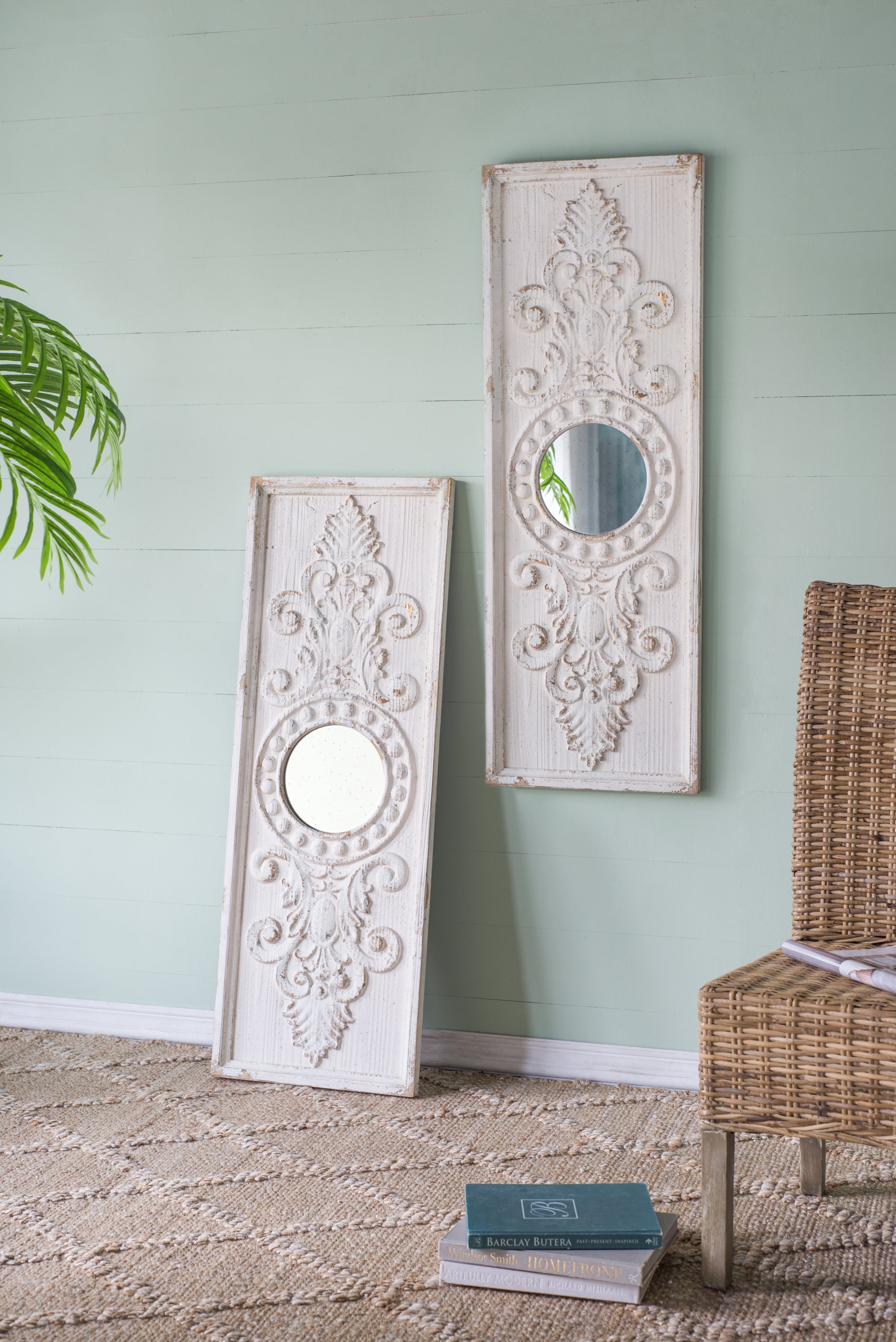 Set of 2 Large Wooden Wall Art Panels with Distressed White Finish and Round Mirror Accents, 17"x48"