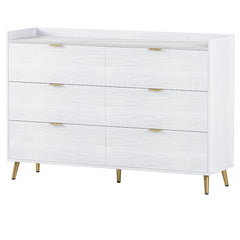 55" Long 6 Drawer Dresser with Marbling Worktop, Mordern Storage Cabinet with Metal Leg and Handle - White