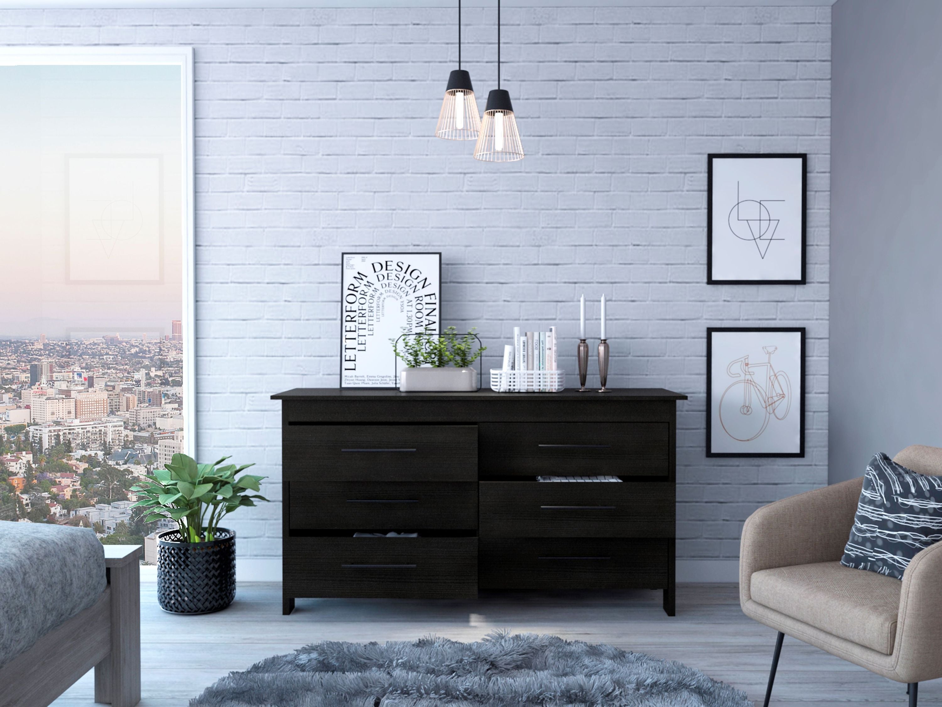 6 Drawer Double Dresser - Black