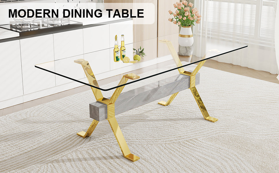 Modern Tempered Glass Dining Table - Transparent with Gold Plated Metal Legs (no chairs included))