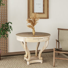 Farmhouse Style Round End Table - Natural Wood Grain Distressed