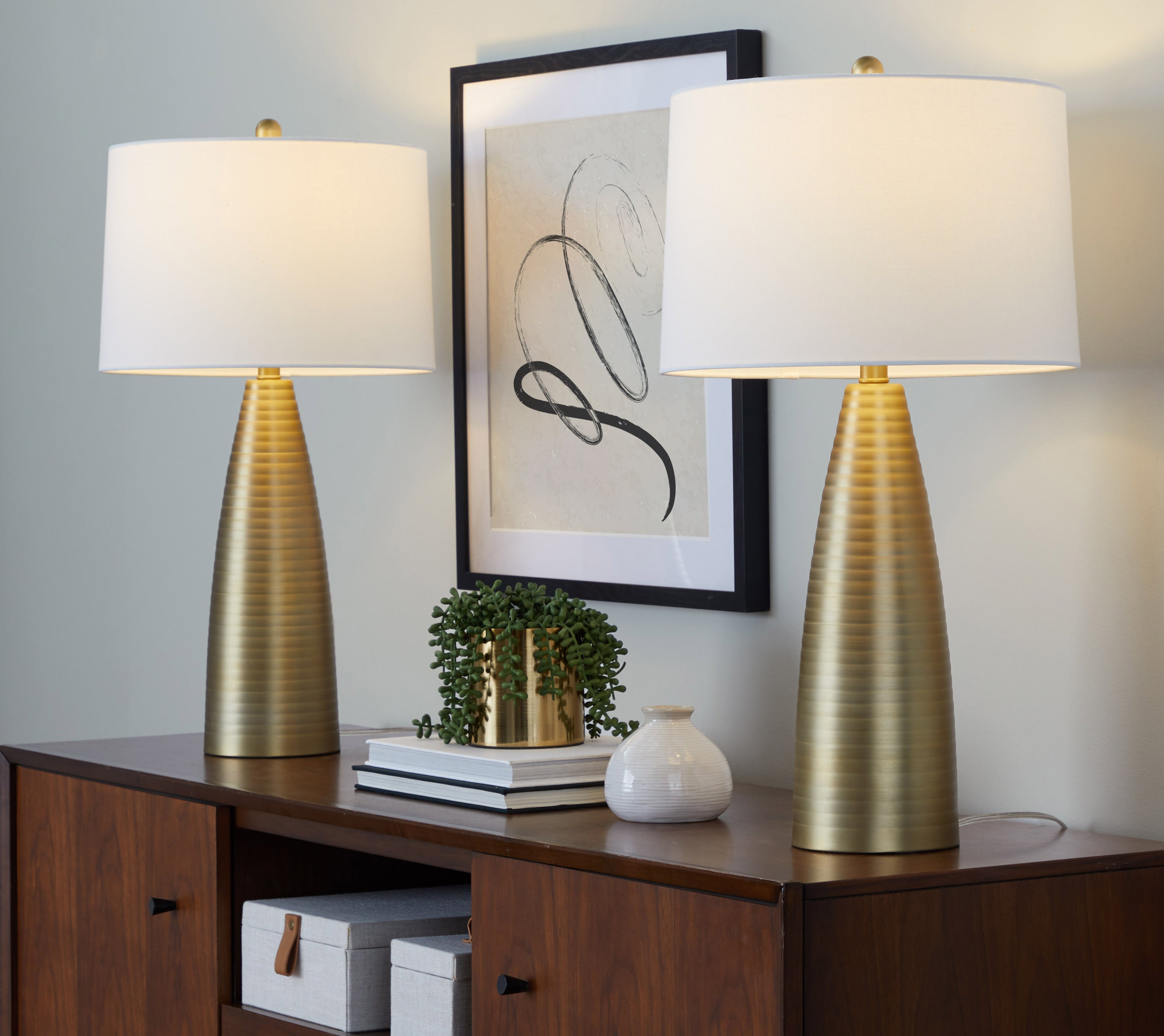 27" Contemporary Table Lamp in Gold Metal with White Linen Shade - Set of 2